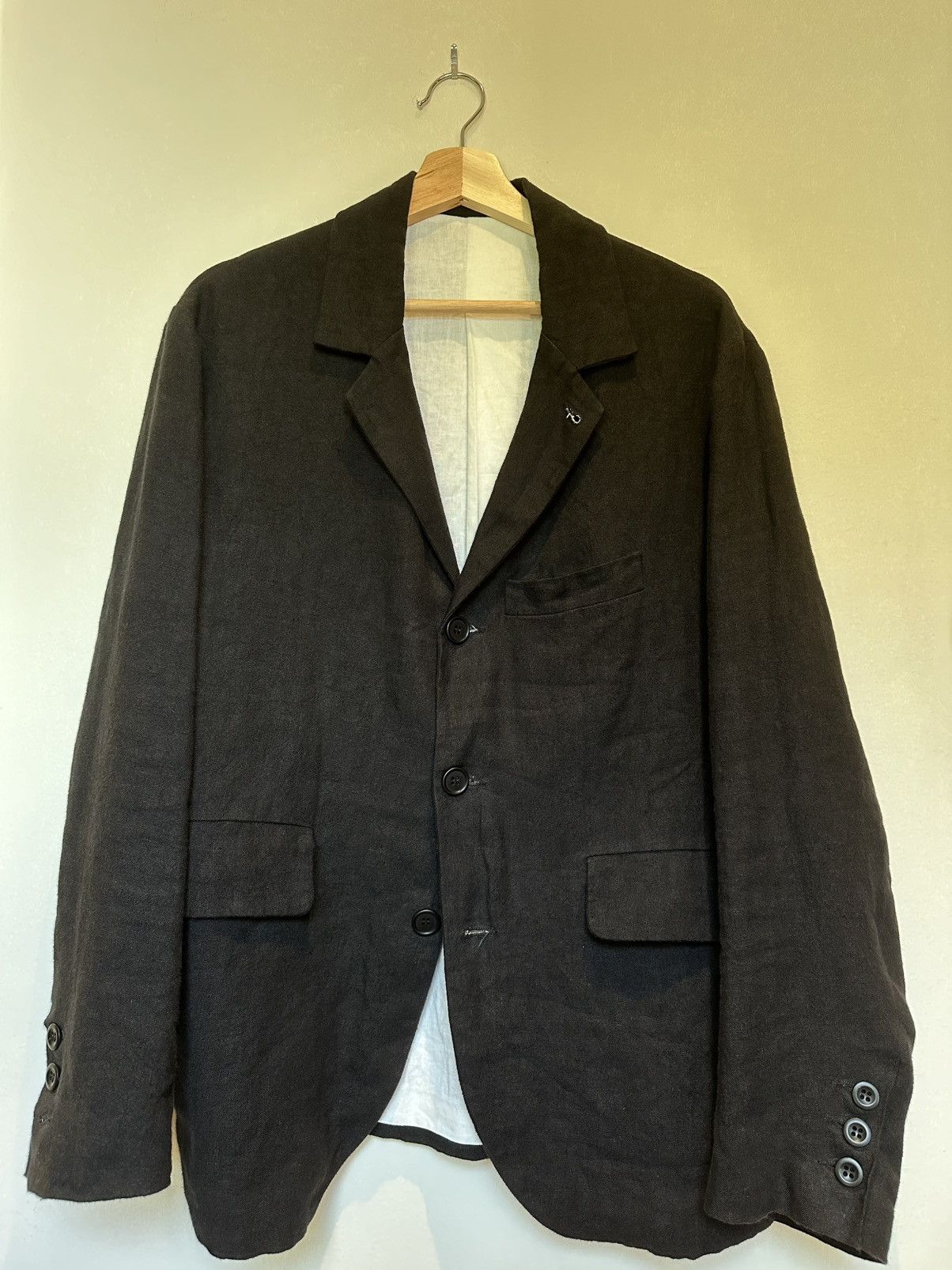 Pre-owned Evan Kinori Three Button Jacket - Black Tumbled Linen