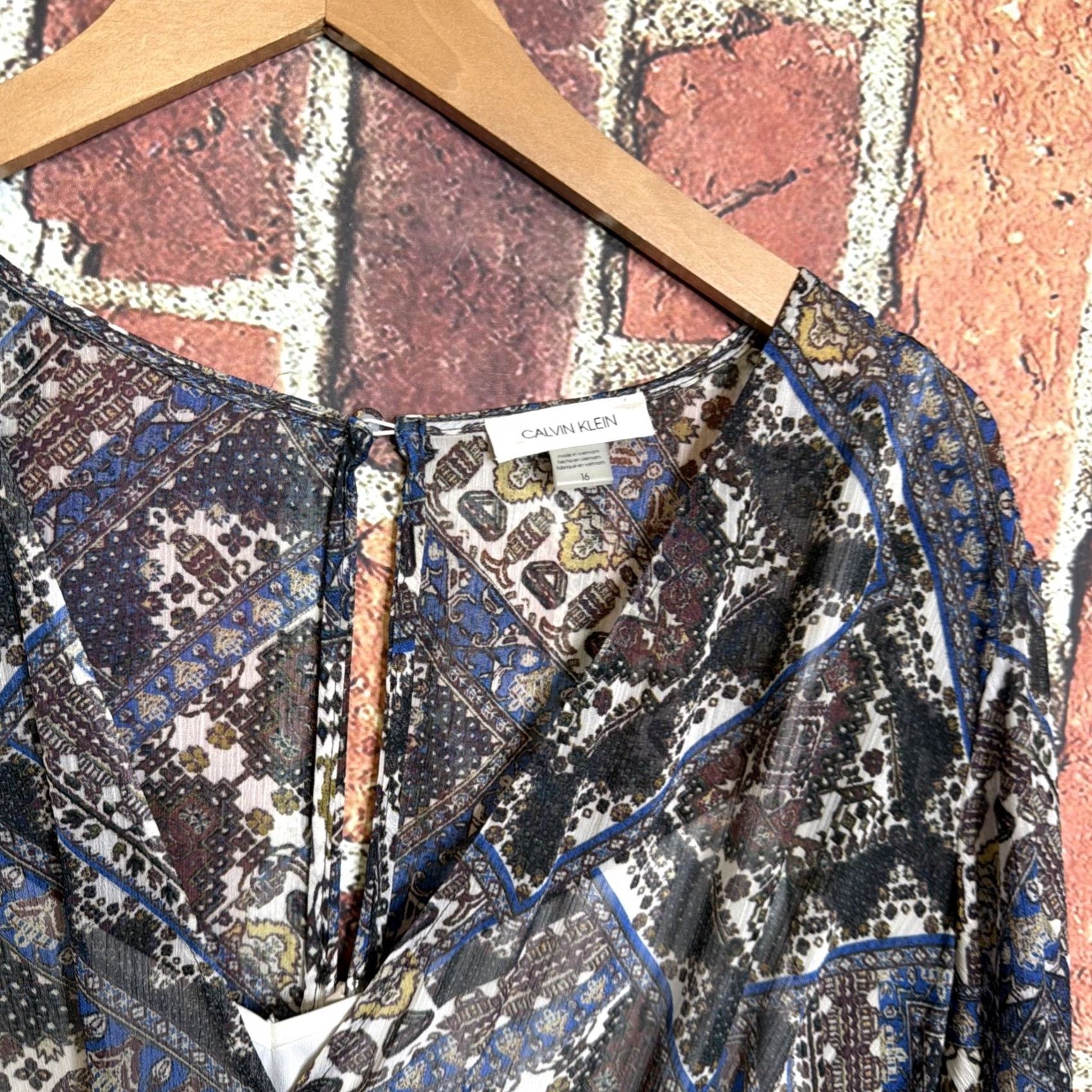 Calvin Klein Calvin Klein Dress Shift 3/4 Sleeve Knee Length Velvet Floral Blue Brown Womens Size 16 Size XXL / US 16-18 / IT 52-54 - 2 Thumbnail