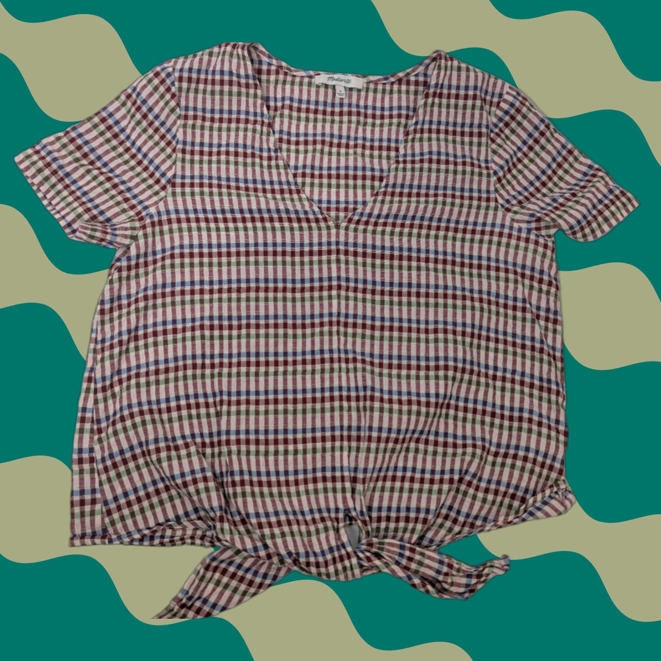 Madewell Madewell Blouse Shirt Short Sleeve V-Neck Tie Front Top Size S Multicolor Gingham Print 100% Cotton L8477 Size S / US 4 / IT 40 - 1 Thumbnail
