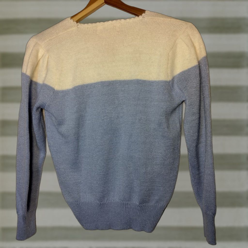 Vintage VINTAGE Jaclyn Smith Petite Sweater Poof Shoulder Blue White Silver Beaded Acrylic Angora Wool Beads Pullover 80s Women PS XS/S Size S / US 4 / IT 40 - 1 Thumbnail