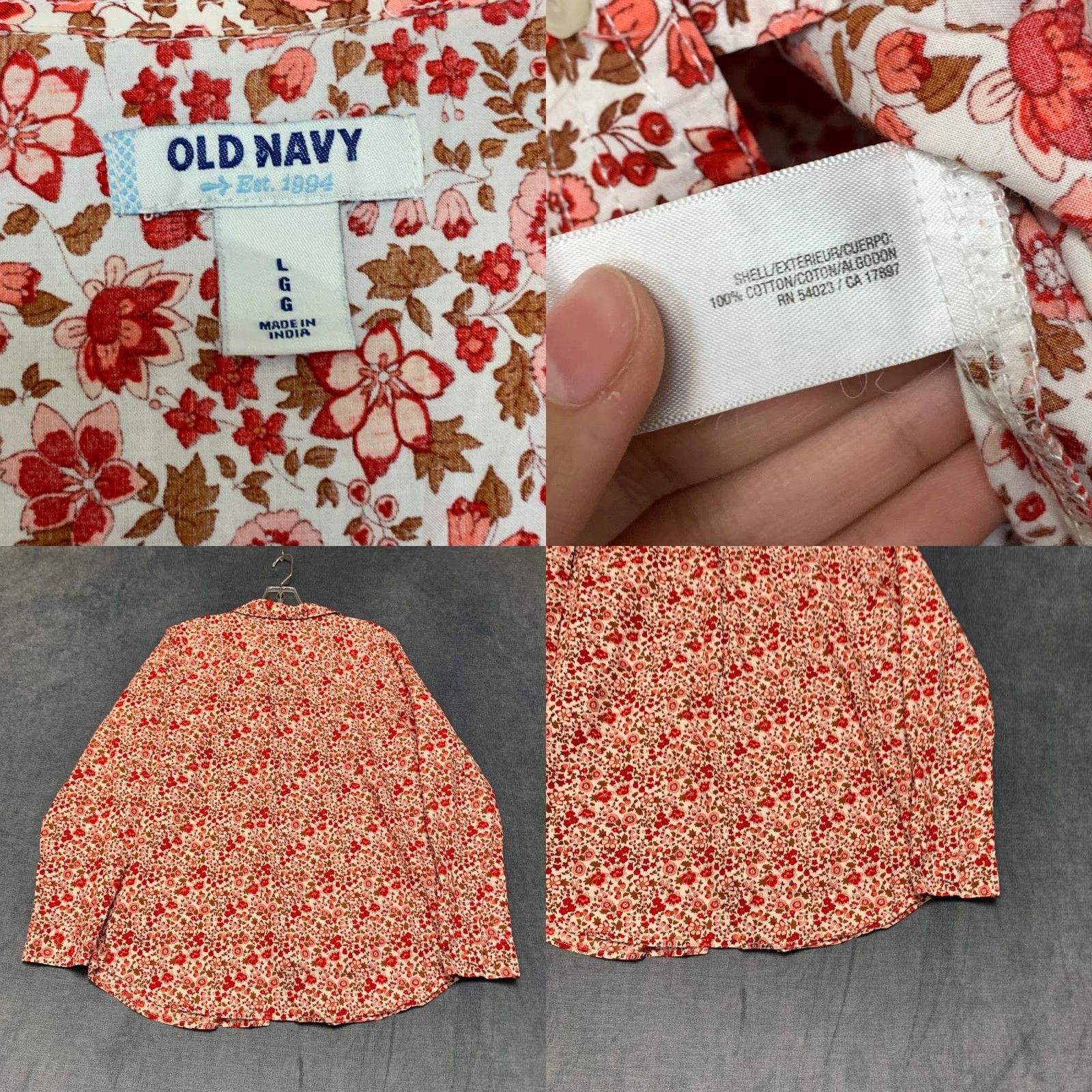 Old Navy Old Navy Shirt Womens Large Beige Red Floral Cotton Streetwear Travel Button Up Size L / US 10 / IT 46 - 8 Thumbnail