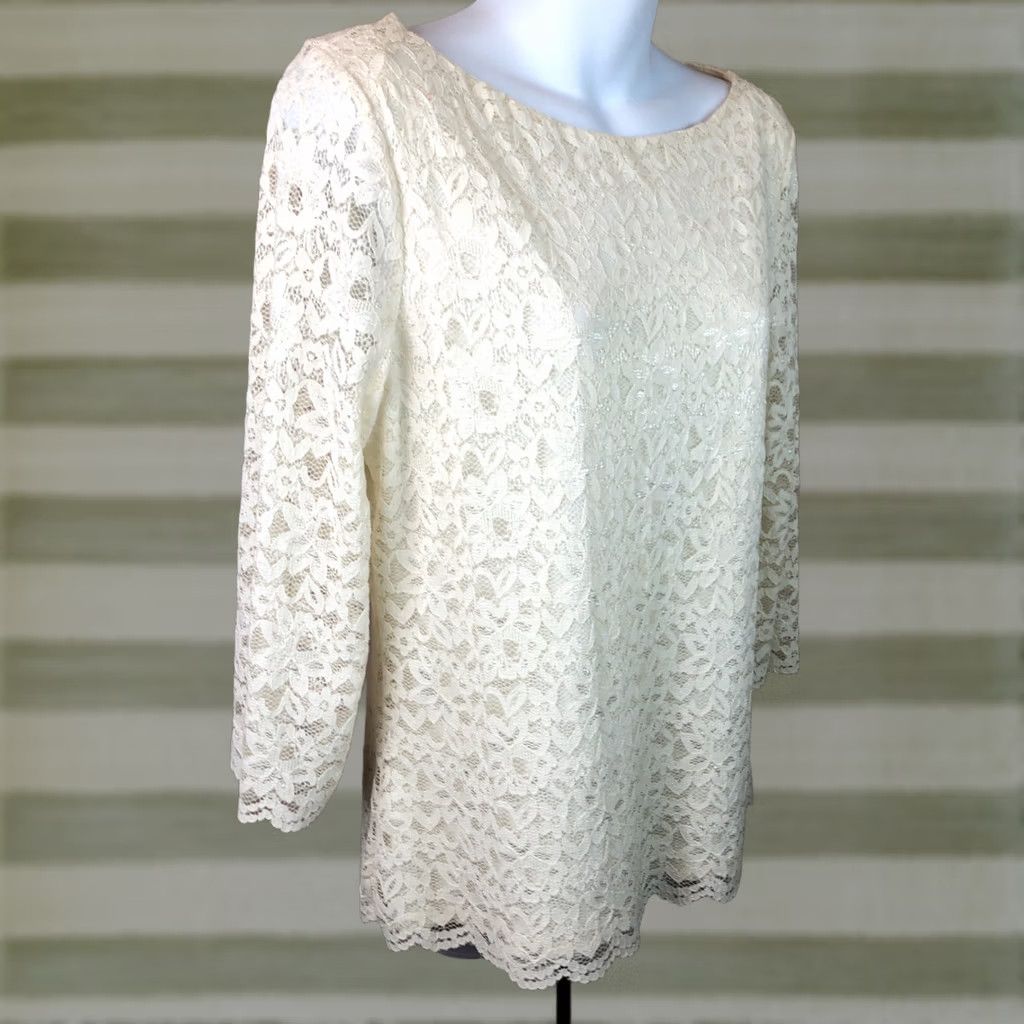 Charter Club VINTAGE Charter Club Lace Top Blouse M Ivory 3/4 Sleeves Round Neck Lined Womens Shirt 90s Dainty Fairy Italic Style Size M / US 6-8 / IT 42-44 - 1 Thumbnail