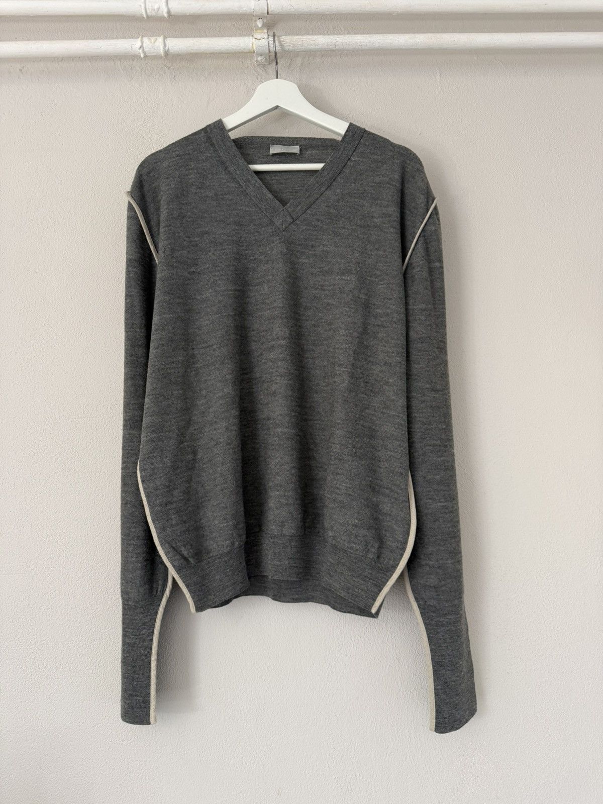 Dior Grey V-Neck Wool Sweater with Contrast Piping Size US XL / EU 56 / 4 - 1 Thumbnail