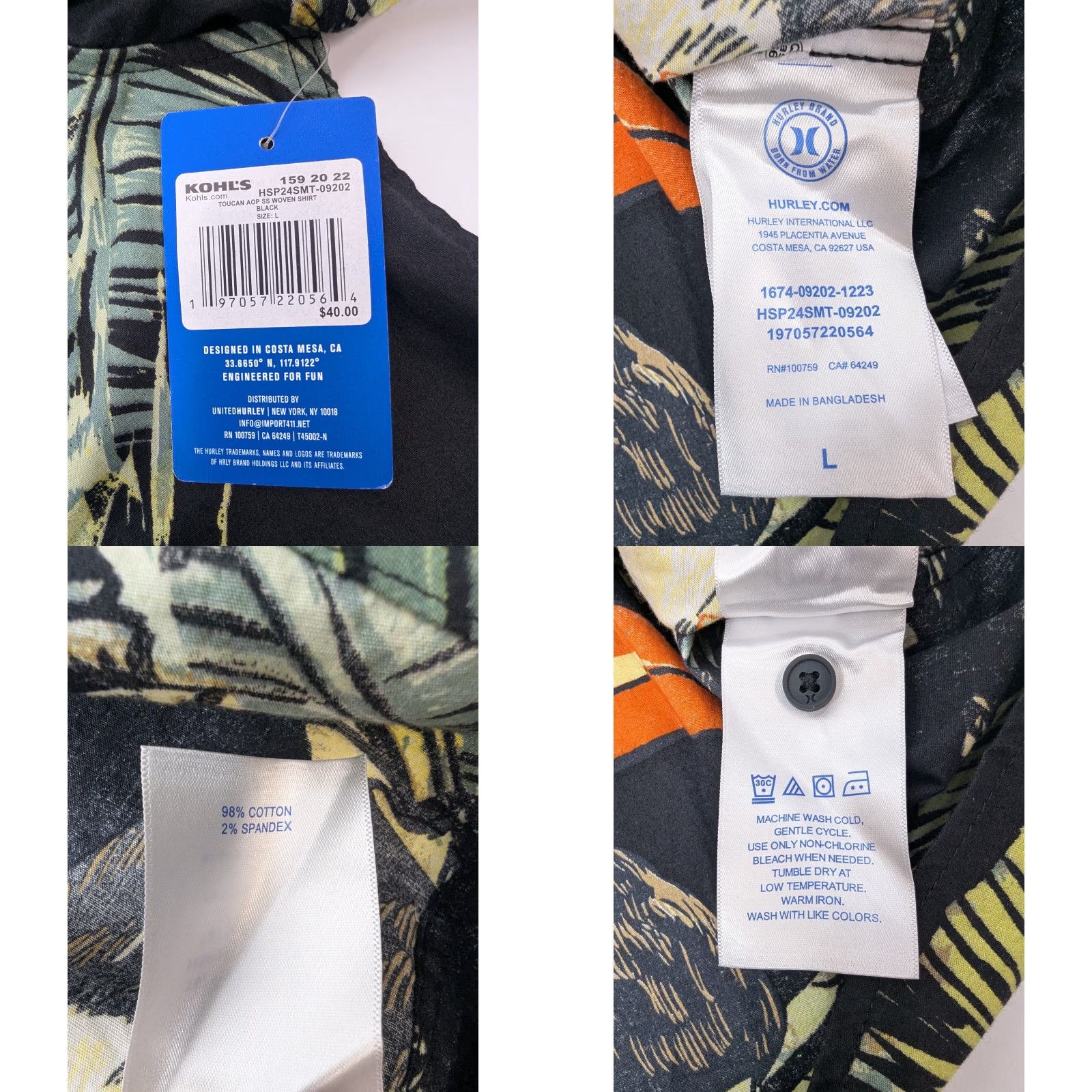 Hurley NWT Hurley Shirt Button-Up Short Sleeve AOP Tropical Toucan Pineapple Black Size L Mens Size US L / EU 52-54 / 3 - 8 Thumbnail