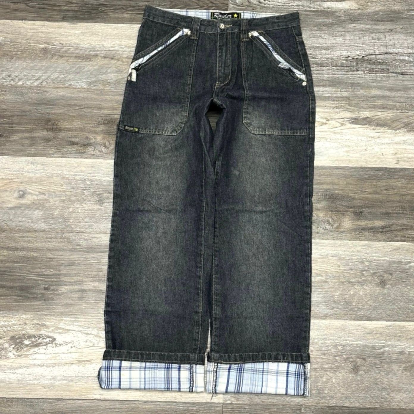Vintage VINTAGE Raiders Infamous Blue Dark Wash Womens 16 Plaid Trim Straight Leg Jeans Size 38" / US 16 / IT 52 - 2 Thumbnail