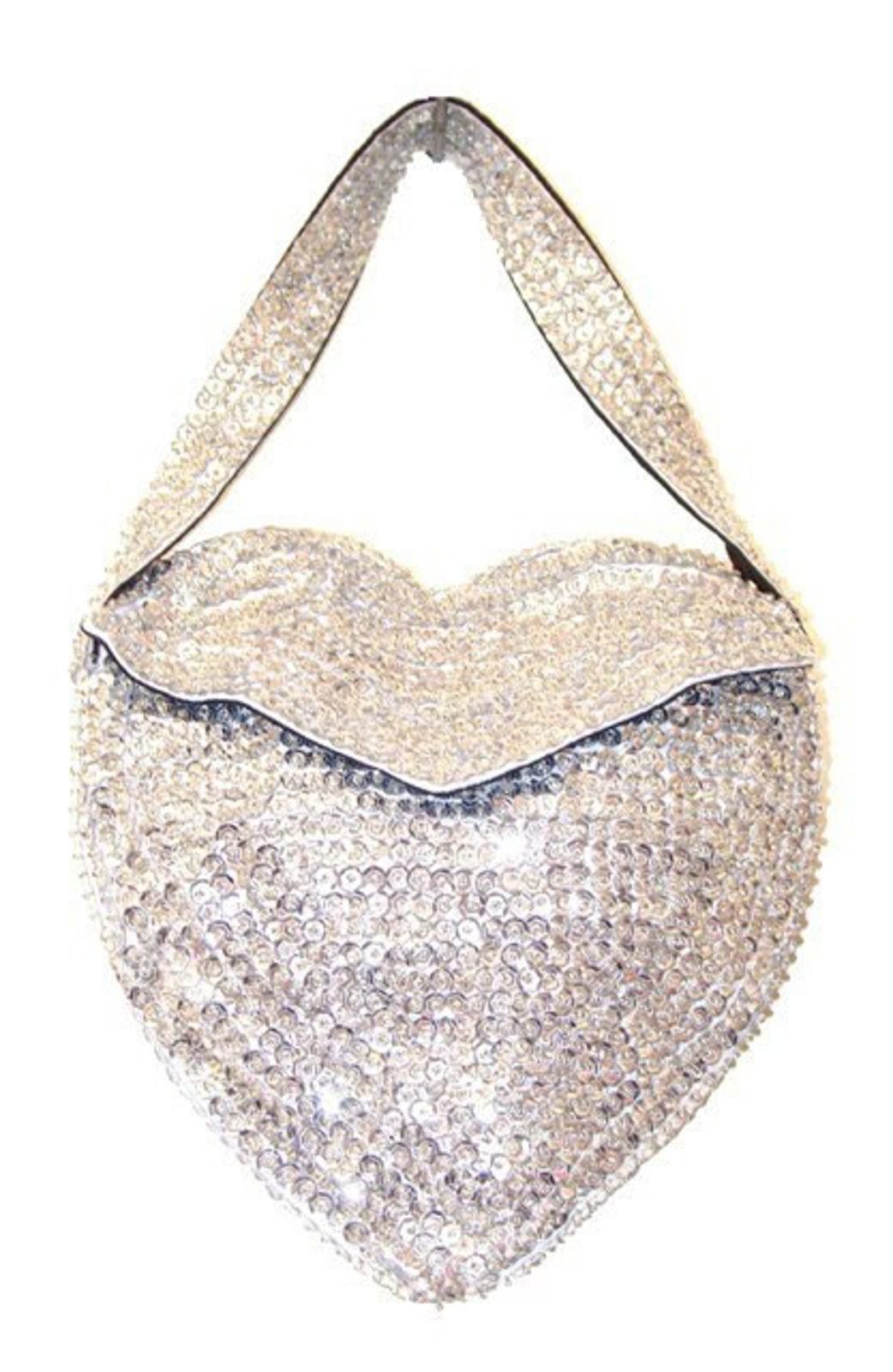 Designer Sequin Purse HEART Shape SILVER Short Strip Size ONE SIZE - 1 Preview