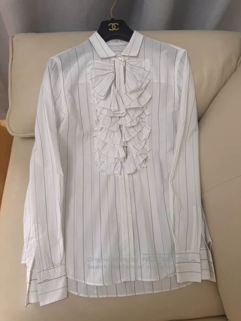 Brunello Cucinelli Brunello Cucinelli White Striped Ruffle Shirt Size M / US 6-8 / IT 42-44 - 3 Thumbnail