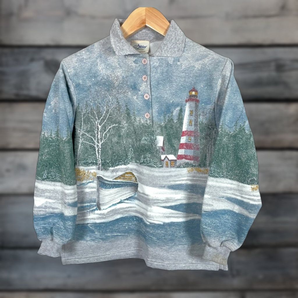 Vintage VINTAGE Artisan's Sweatshirt Women's Small AOP All Over Print 90s Scenic Lighthouse Geometric Print Cap Collared Pullover Navy Gray/Multi Size S / US 4 / IT 40 - 1 Thumbnail