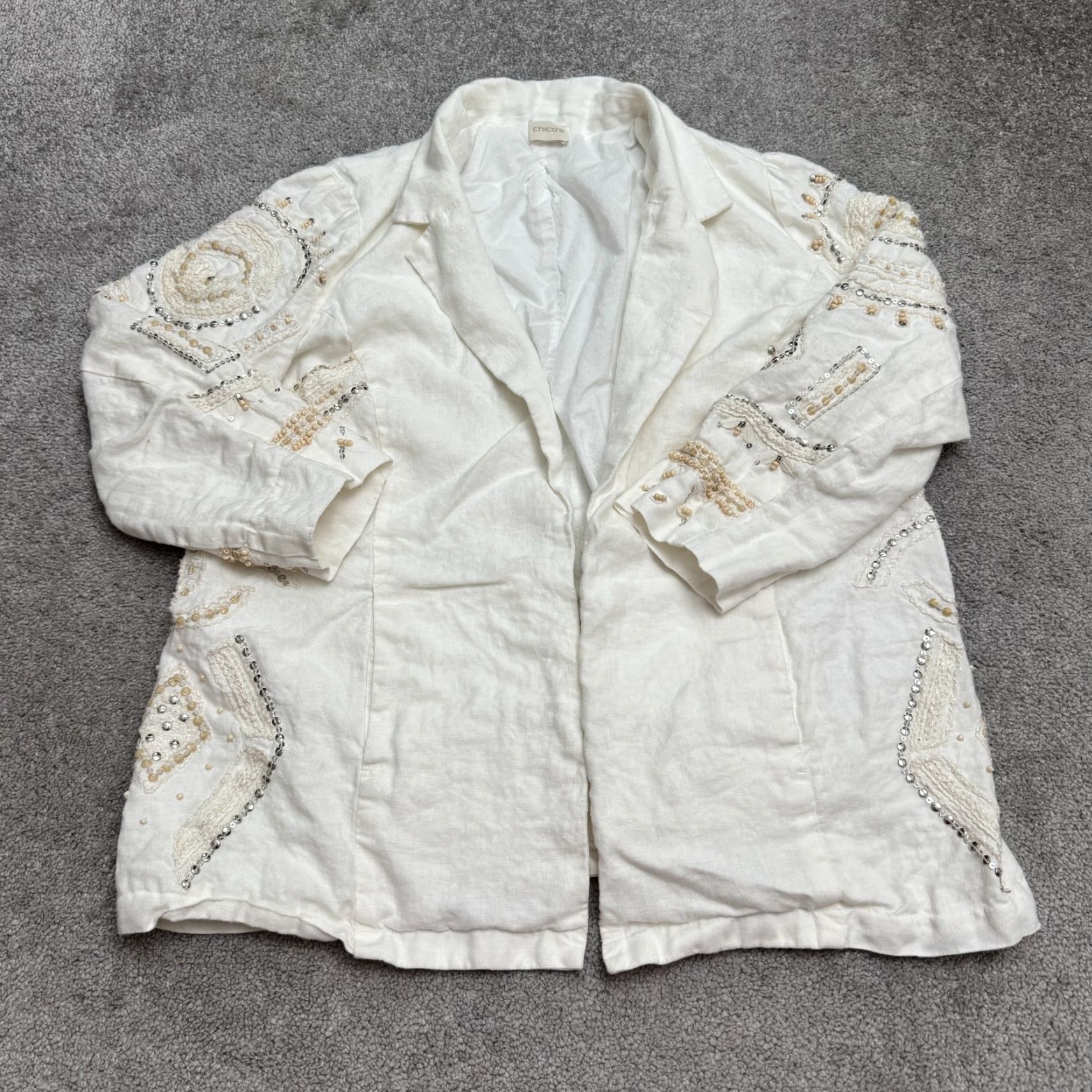 Vintage Chico's Blazer Shirt White Linen Beaded Embroidered Sequin Jacket Women 16 Size XXL / US 16-18 / IT 52-54 - 2 Thumbnail