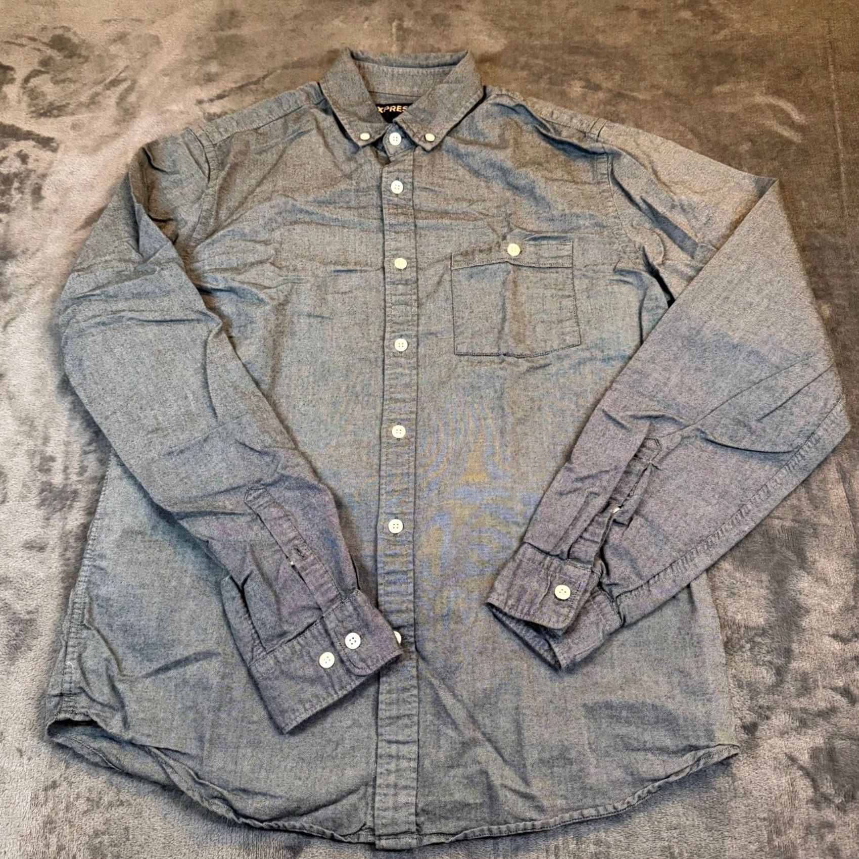 Express Express Mens Medium Long Sleeve Button-Down Shirt Chambray Style White Black Size US M / EU 48-50 / 2 - 3 Thumbnail