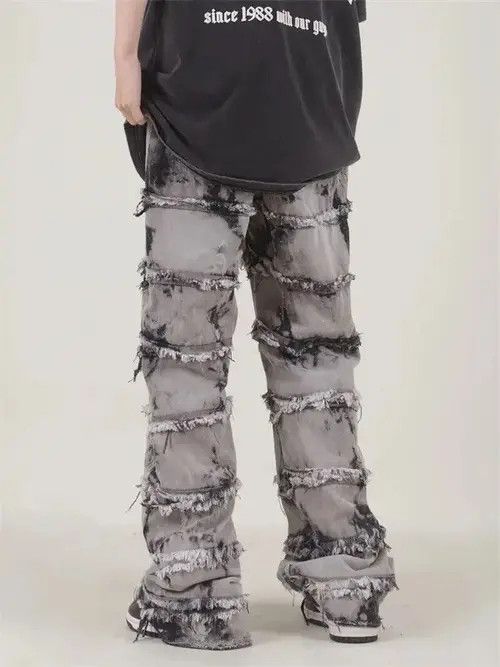 Japanese Brand Striped Tassel Frayed Straight Baggy Jeans Size US 32 / EU 48 - 2 Thumbnail