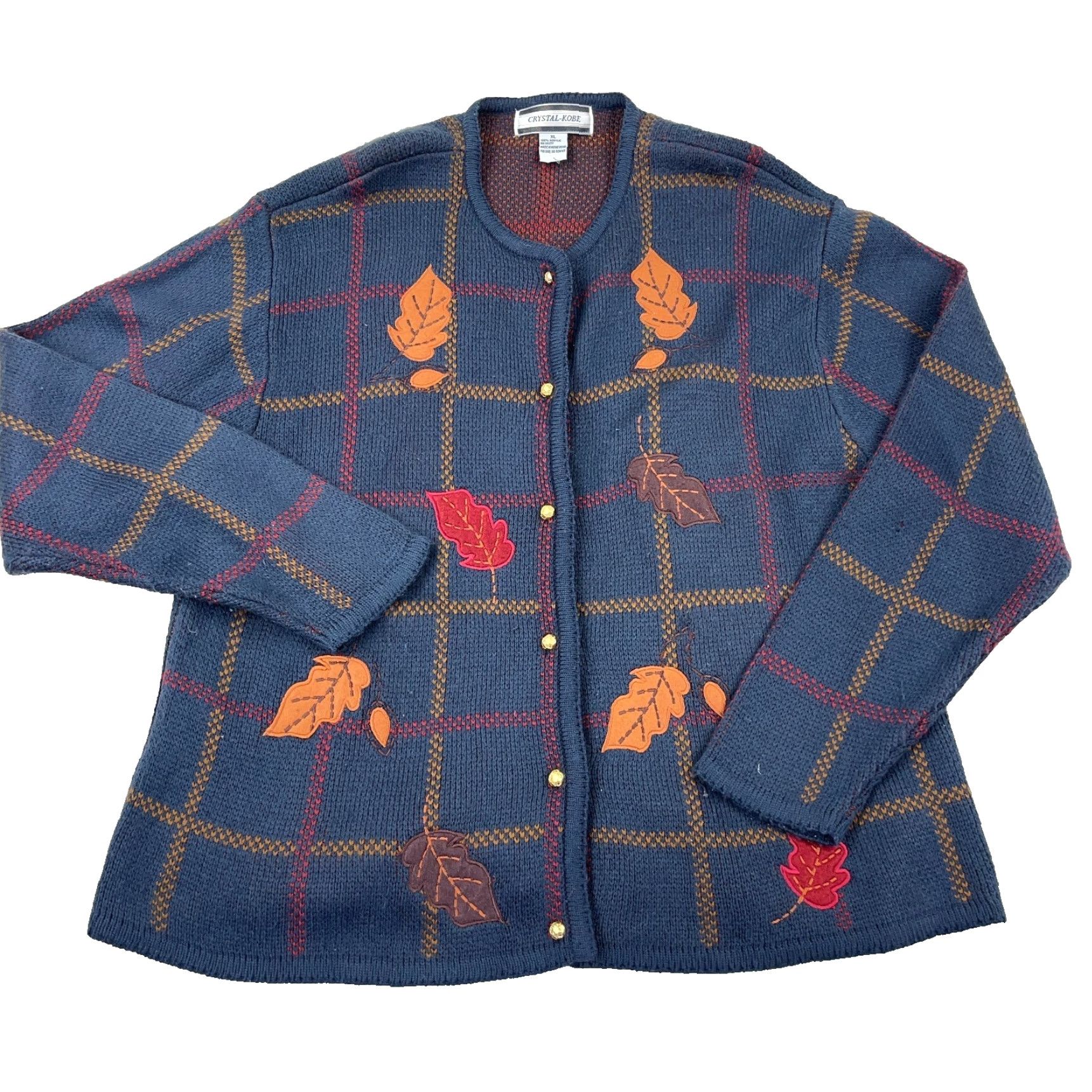 Vintage VINTAGE Crystal Kobe Cardigan Sweater Women XL Blue Knit Fall Leaves Grandma Boho Size XL / US 12-14 / IT 48-50 - 2 Thumbnail