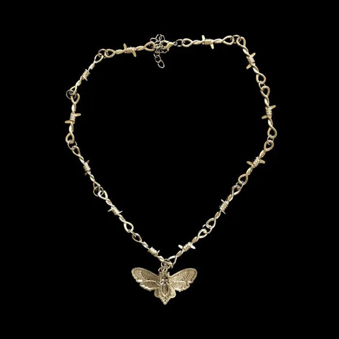 Jewelry Moth Skull Barbed Wire Cross Pendant Necklace Size ONE SIZE - 4 Thumbnail
