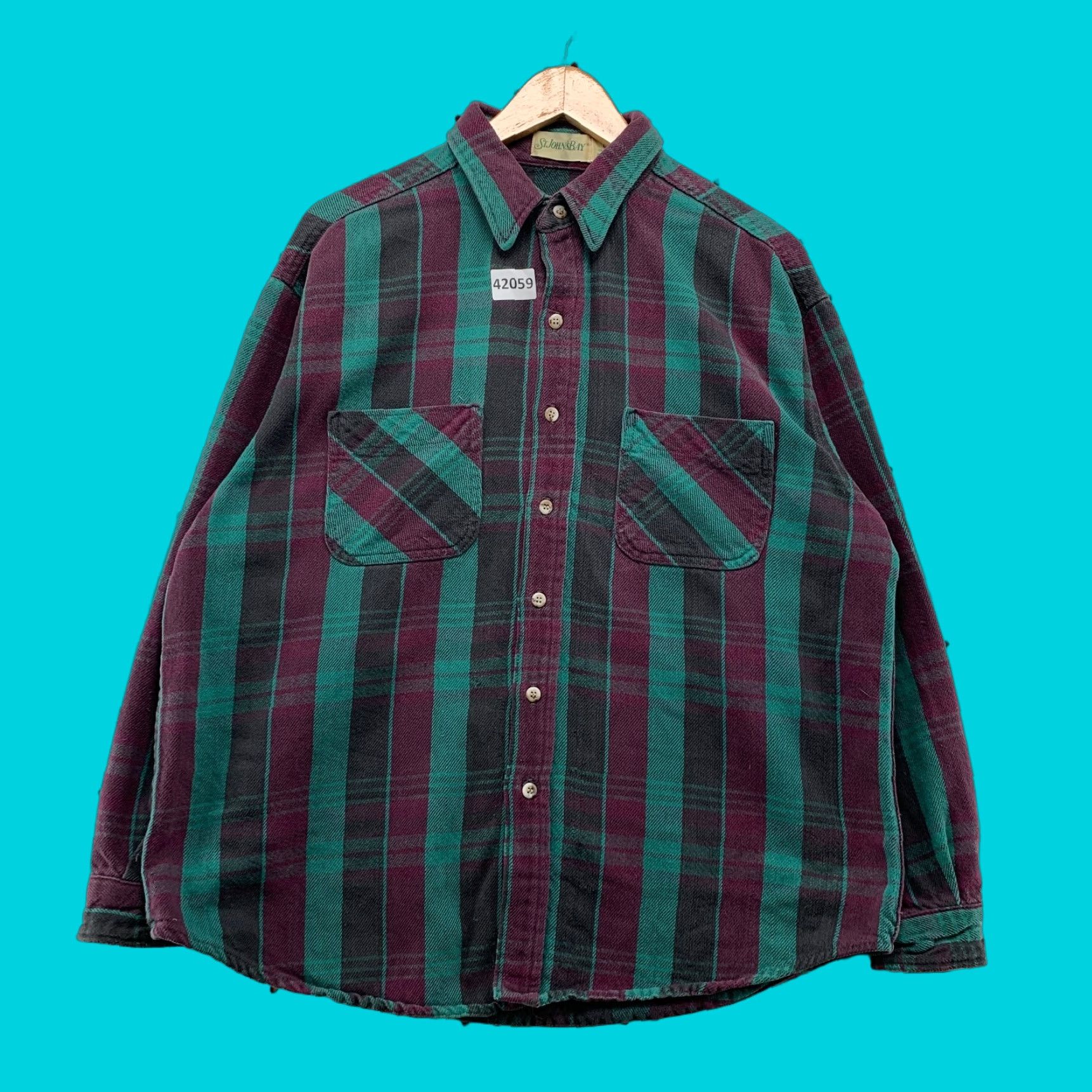 Vintage Vintage St. John Bay Men's Plaid Button-Up Shirt Large Green Purple Casual Cotton Made USA Size US L / EU 52-54 / 3 - 1 Thumbnail