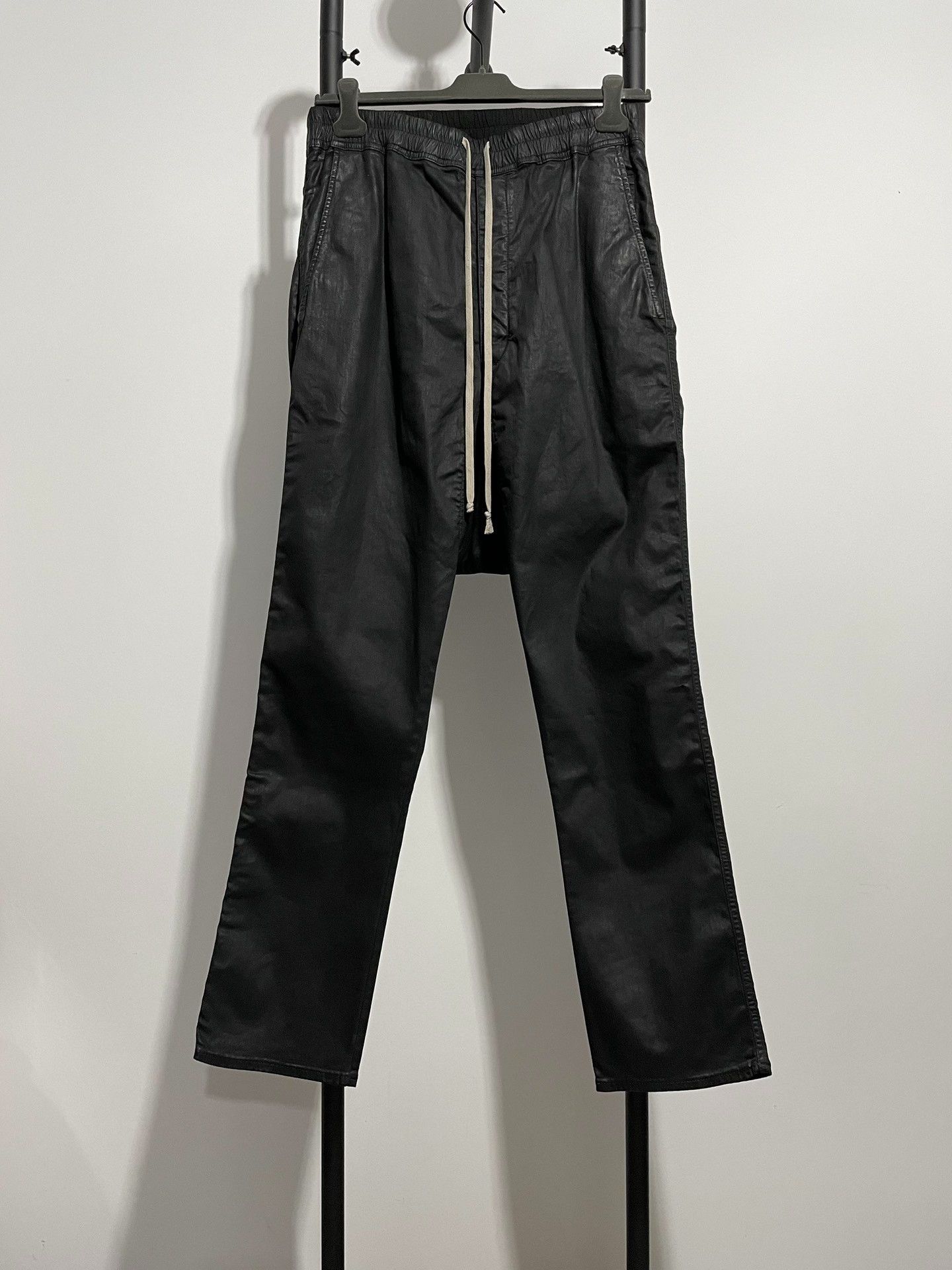 rick owens long waxed pants in black
