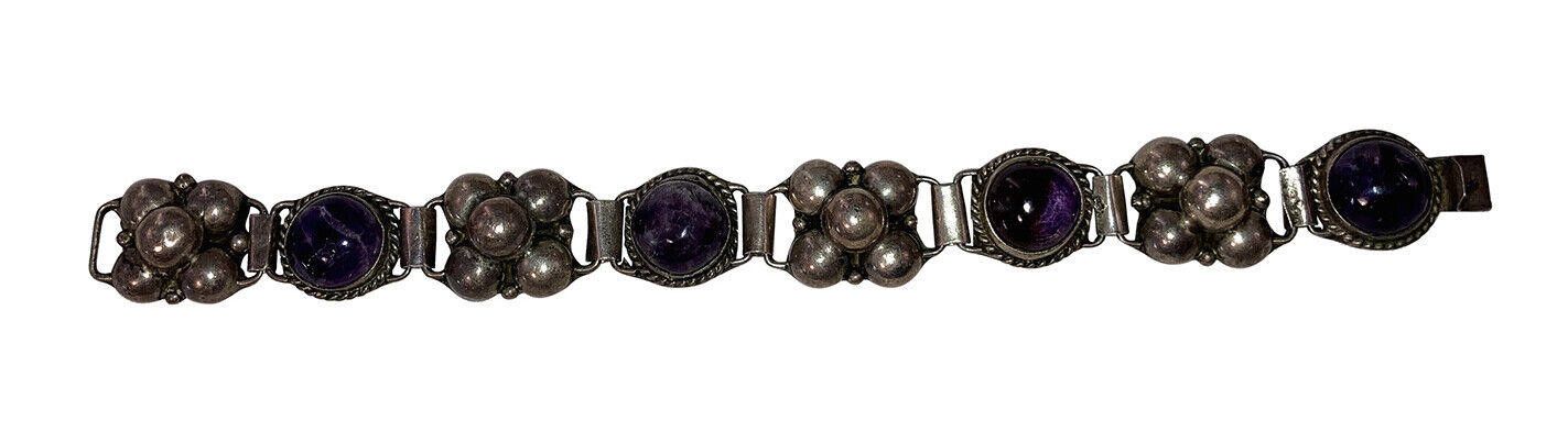 Handmade Mexican Sterling Silver Hand Made Amethyst Cabochon Bracelet Size ONE SIZE - 2 Thumbnail
