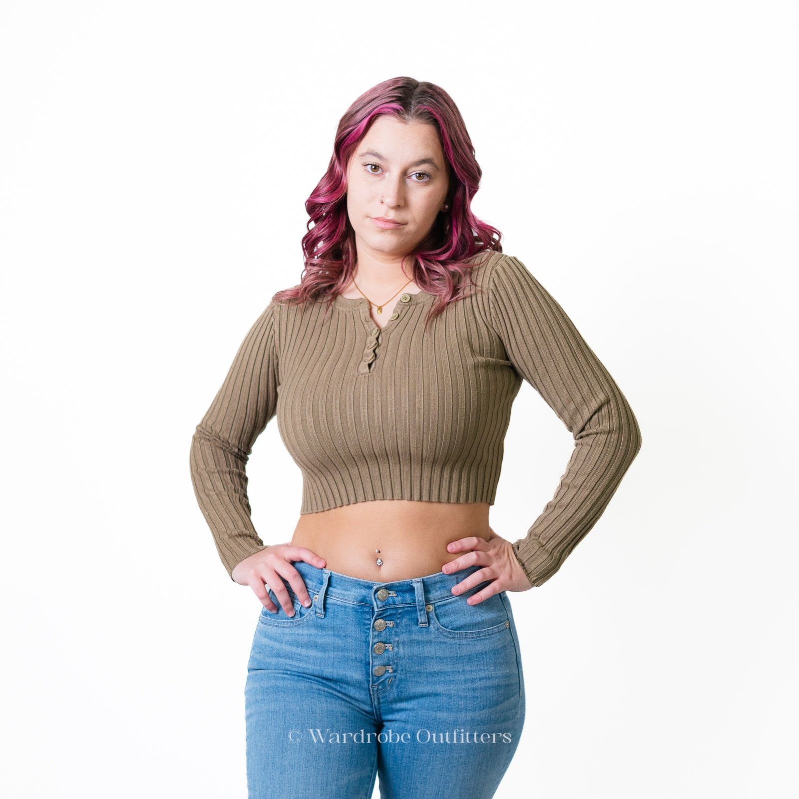 Forever 21 F21 Cropped Ribbed Long Sleeve Olive Green Size S / US 4 / IT 40 - 3 Thumbnail