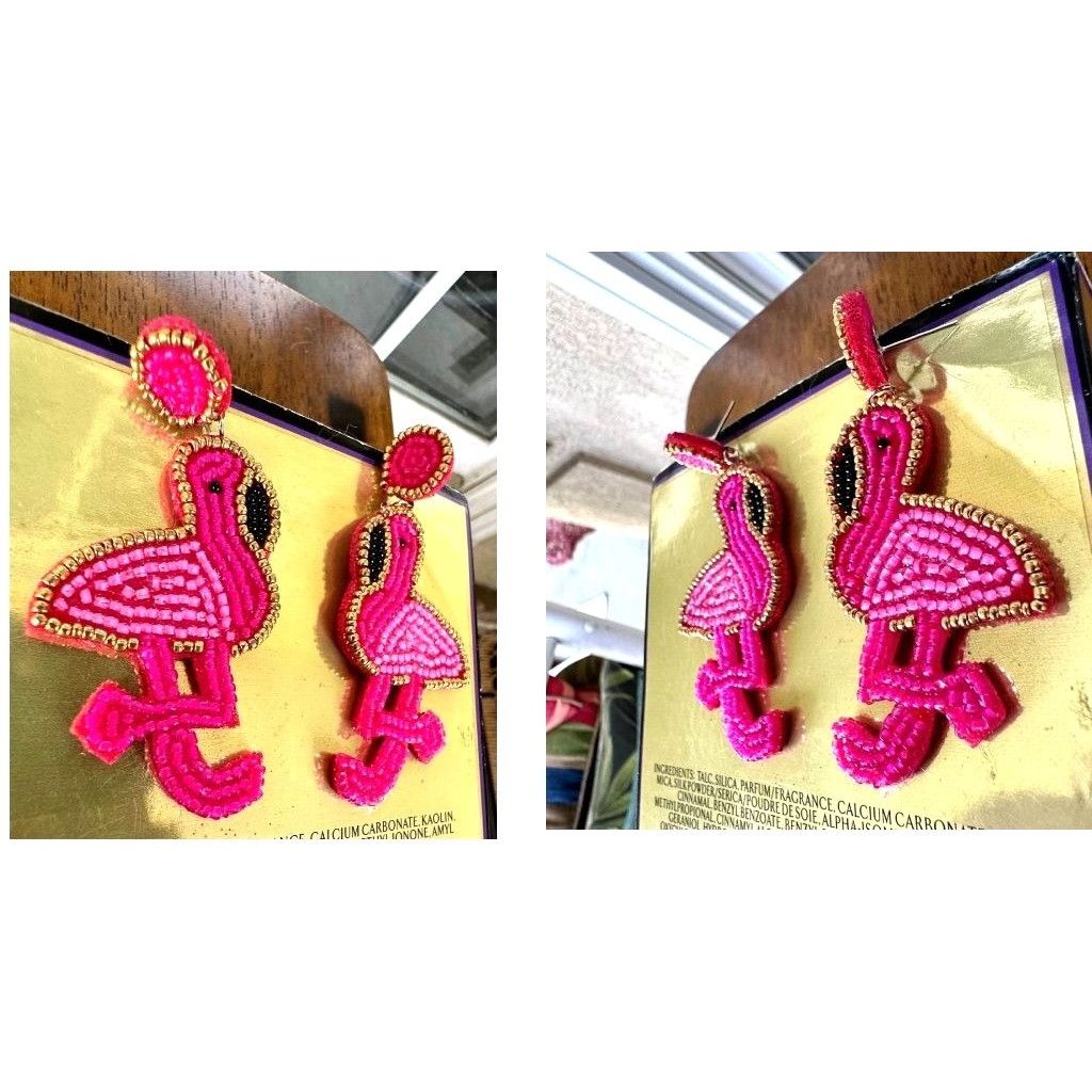 Handmade Flamingo Earrings Beaded Dangle Posts New Pink Statement Jew Size ONE SIZE - 11 Thumbnail