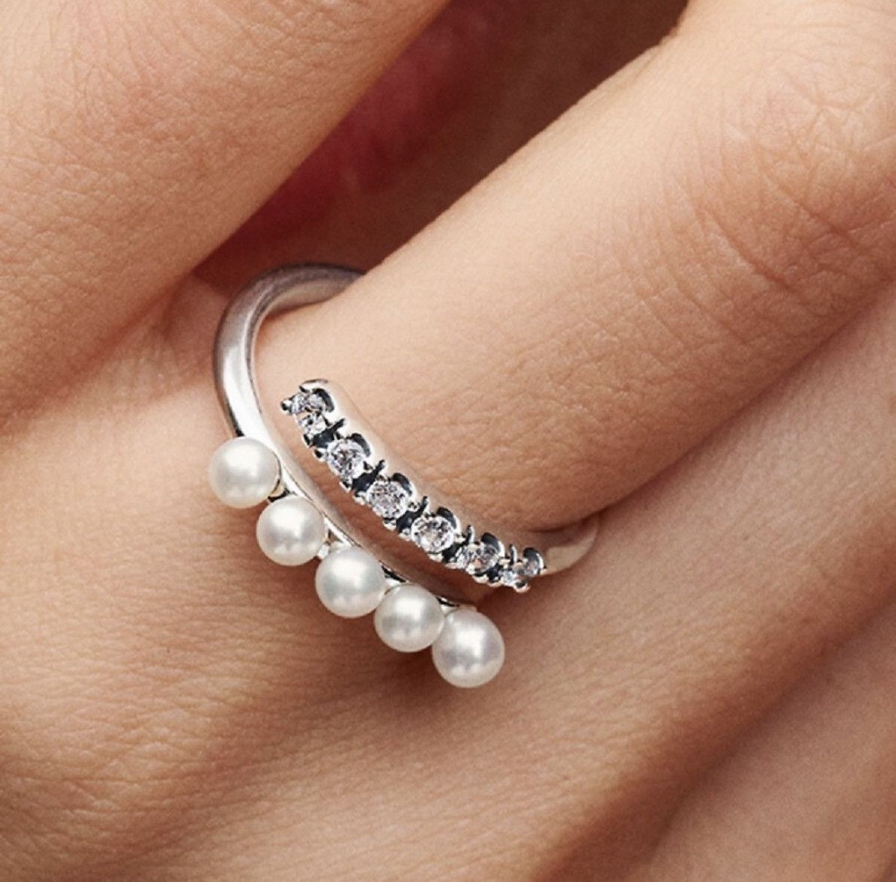 pandora Pandora Treated Freshwater Cultured Pearls & Pavé Open Ring Size ONE SIZE - 5 Thumbnail