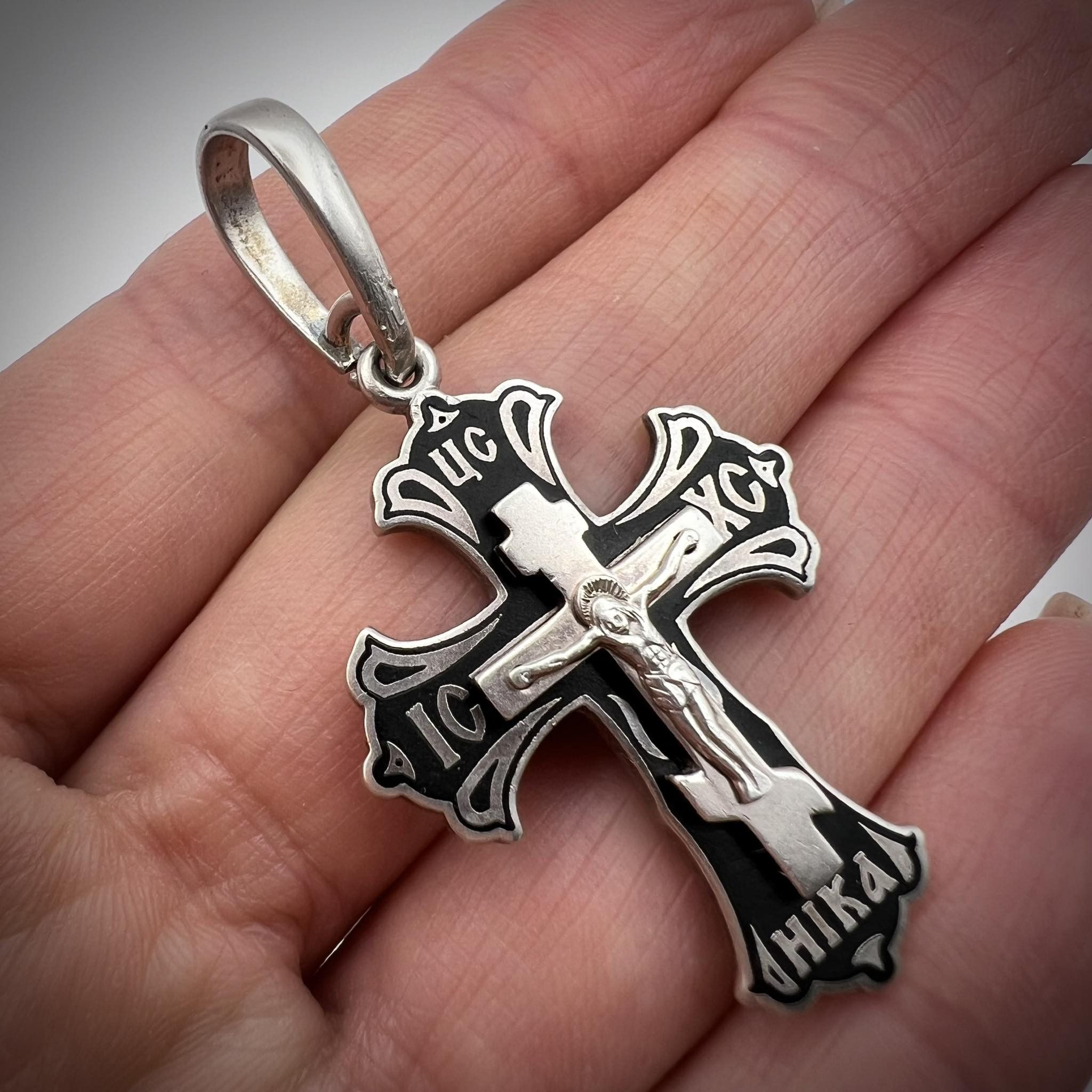 Vintage Sterling Silver Black Enamel Jewelry Pendant Cross, Men's