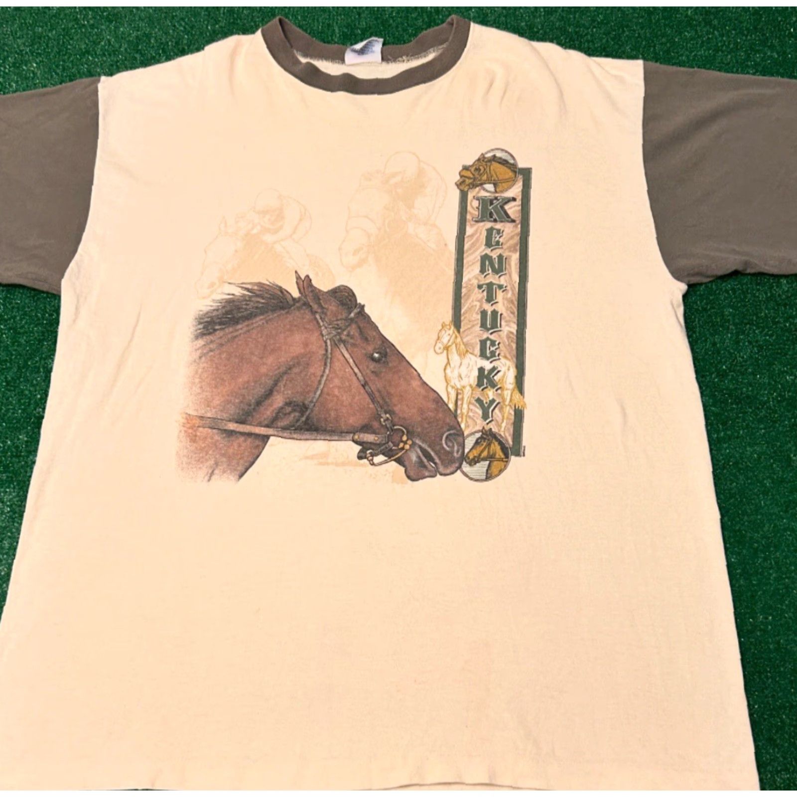 Vintage VINTAGE Kentucky Derby Horses VTG Shirt Mens XL 1990s Horse Racing Beige Short Sleeve T-Shirt Size US XL / EU 56 / 4 - 4 Thumbnail