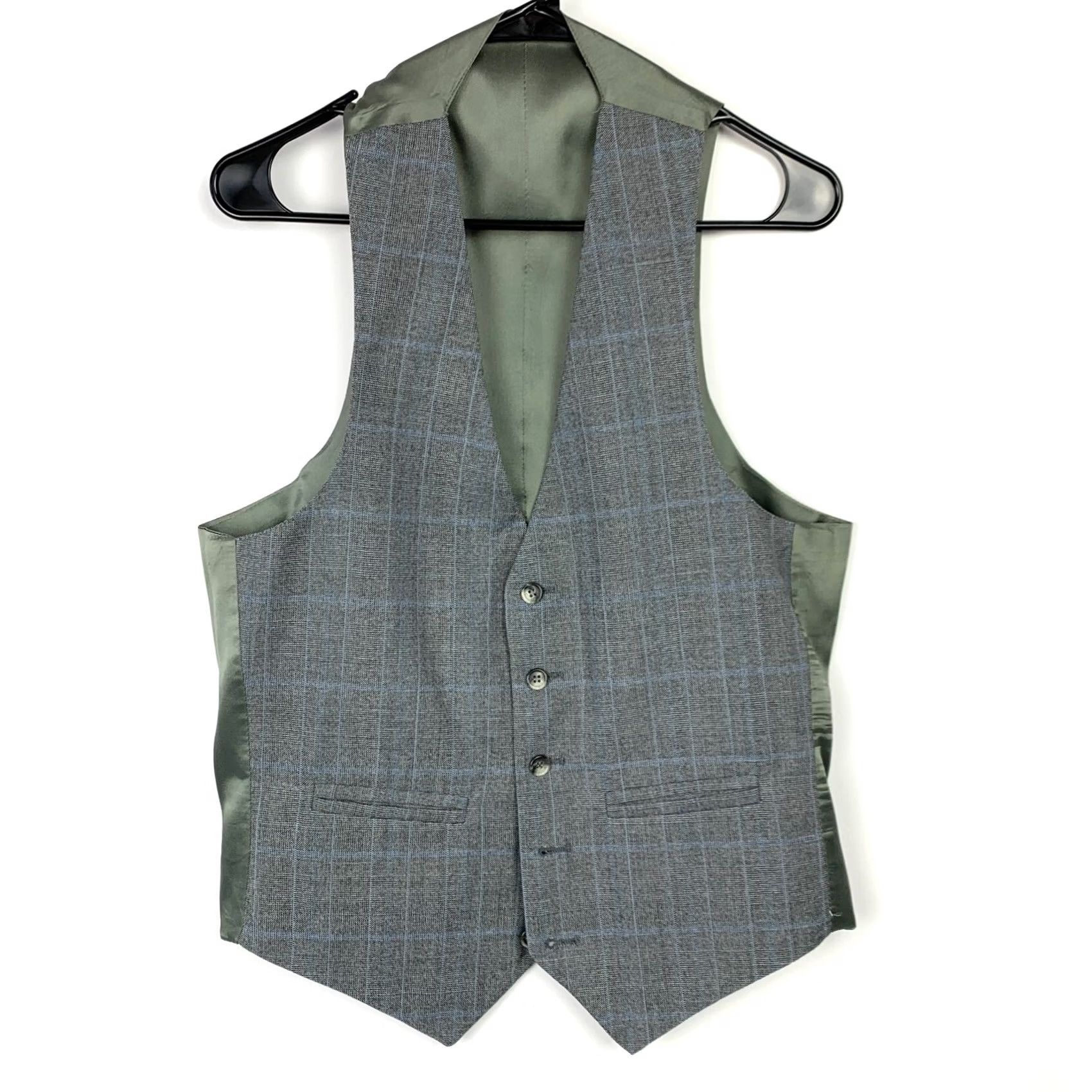 George VINTAGE Allyn St George Plaid Bespoke Blue Gray 3 Three Piece Suit 40 x 34.5 Mens Pants Jacket Vest Chest 20" Waist 19" Inseam 34.5" Gray 1980s Size 40R - 7 Thumbnail