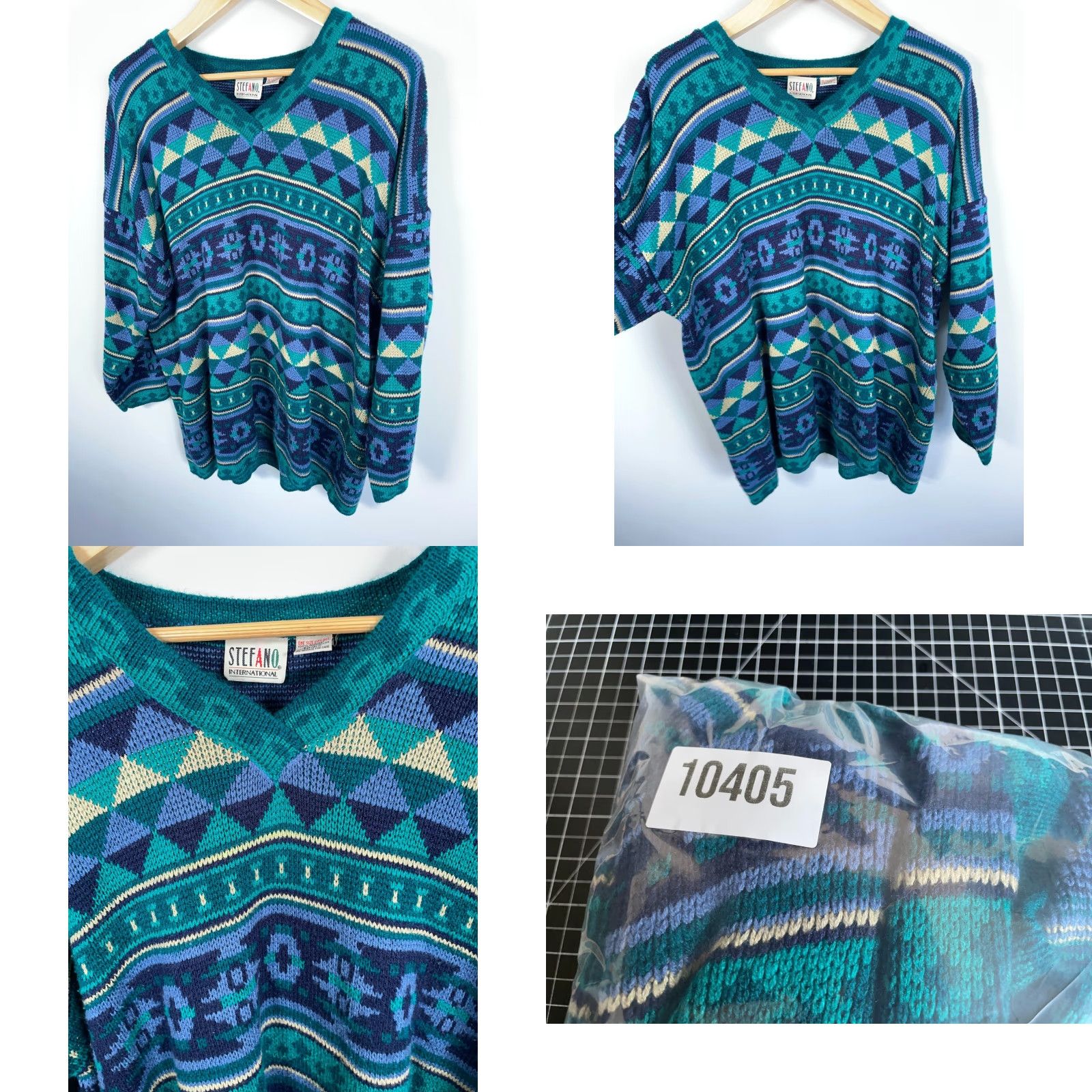 Vintage VINTAGE Stefano International Sweater Geometric 90s Aztec Pullover V-Neck Green Blue One Size Womens Size ONE SIZE - 8 Thumbnail