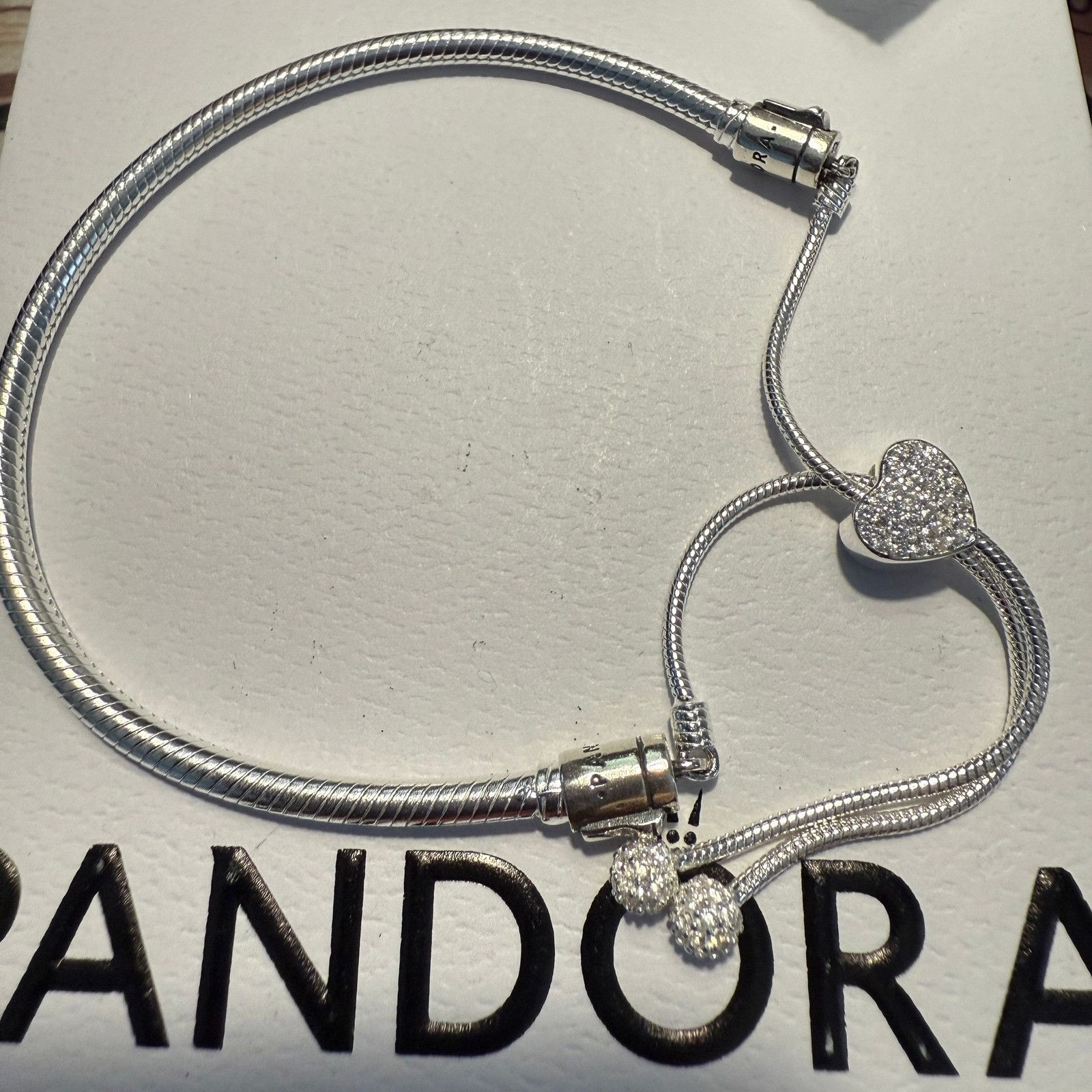 pandora Authentic Pandora Silver Sparkling Pave Heart Slider Bracele Size ONE SIZE - 6 Thumbnail