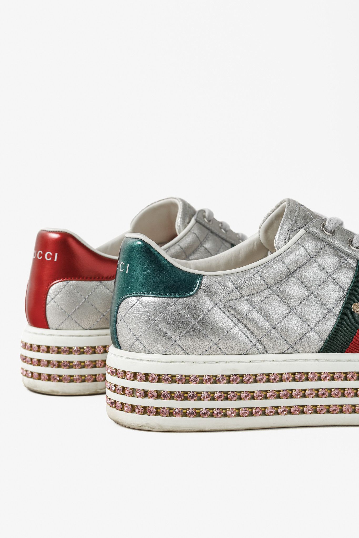 Gucci Gucci Ace Silver Quilted-Leather Crystal-Platform Sneakers Size US 9.5 / IT 39.5 - 10 Thumbnail