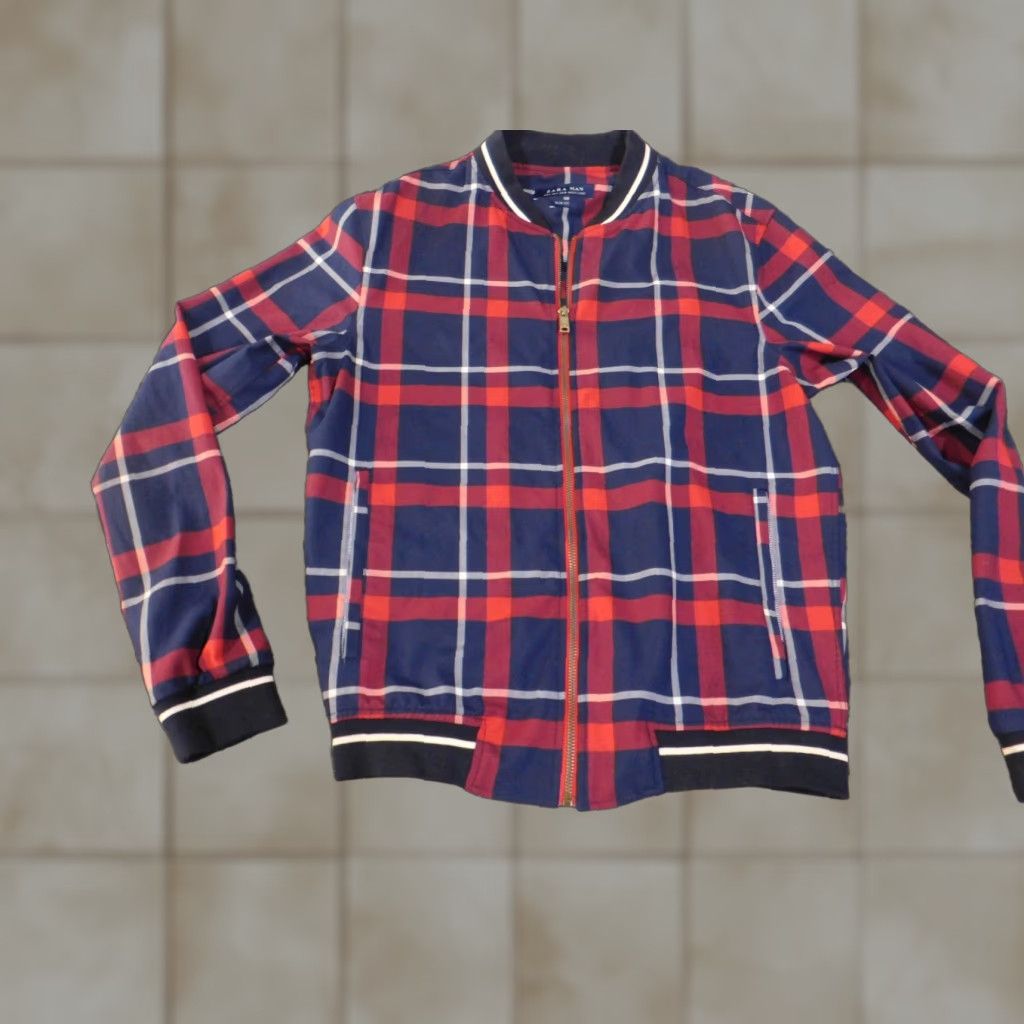 Zara Jacket Men Bomber City Red Slim Fit Zip Plaid Mid-Length Casual Lined Softshell Stretch Regular Size S
