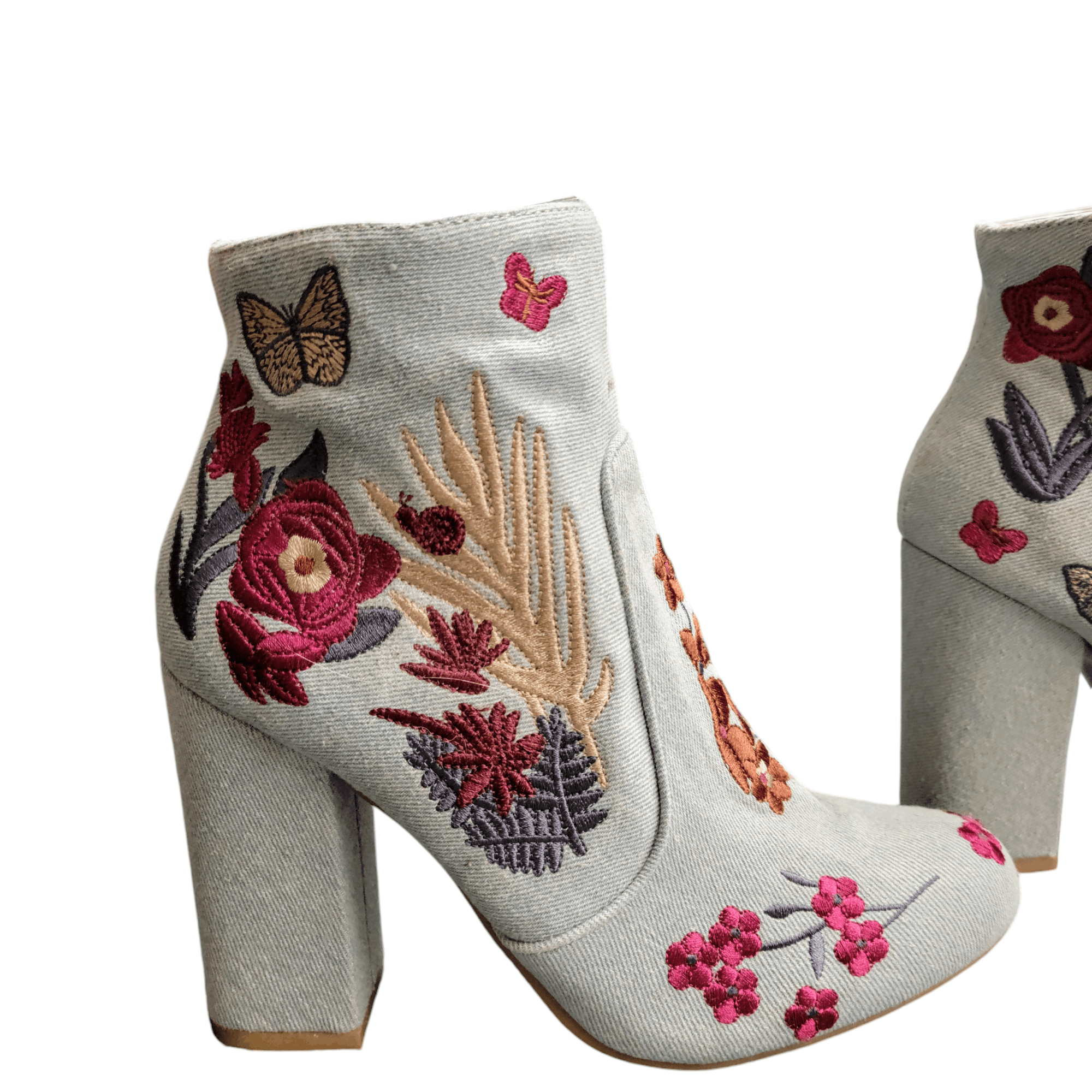 United Bamboo Bamboo Blue Embroidered Flowers & Butterfly Heeled Booties Size US 8 / IT 38 - 4 Thumbnail