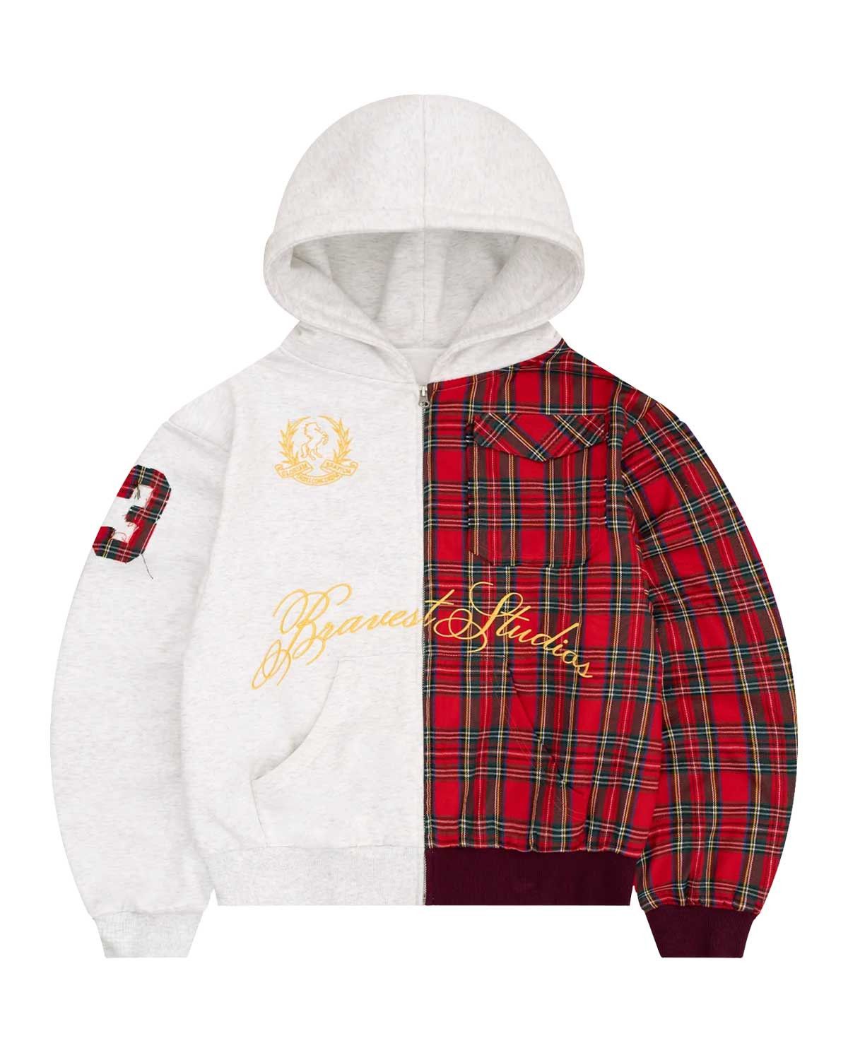 Half Plaid Zip Up Hoodie Grey