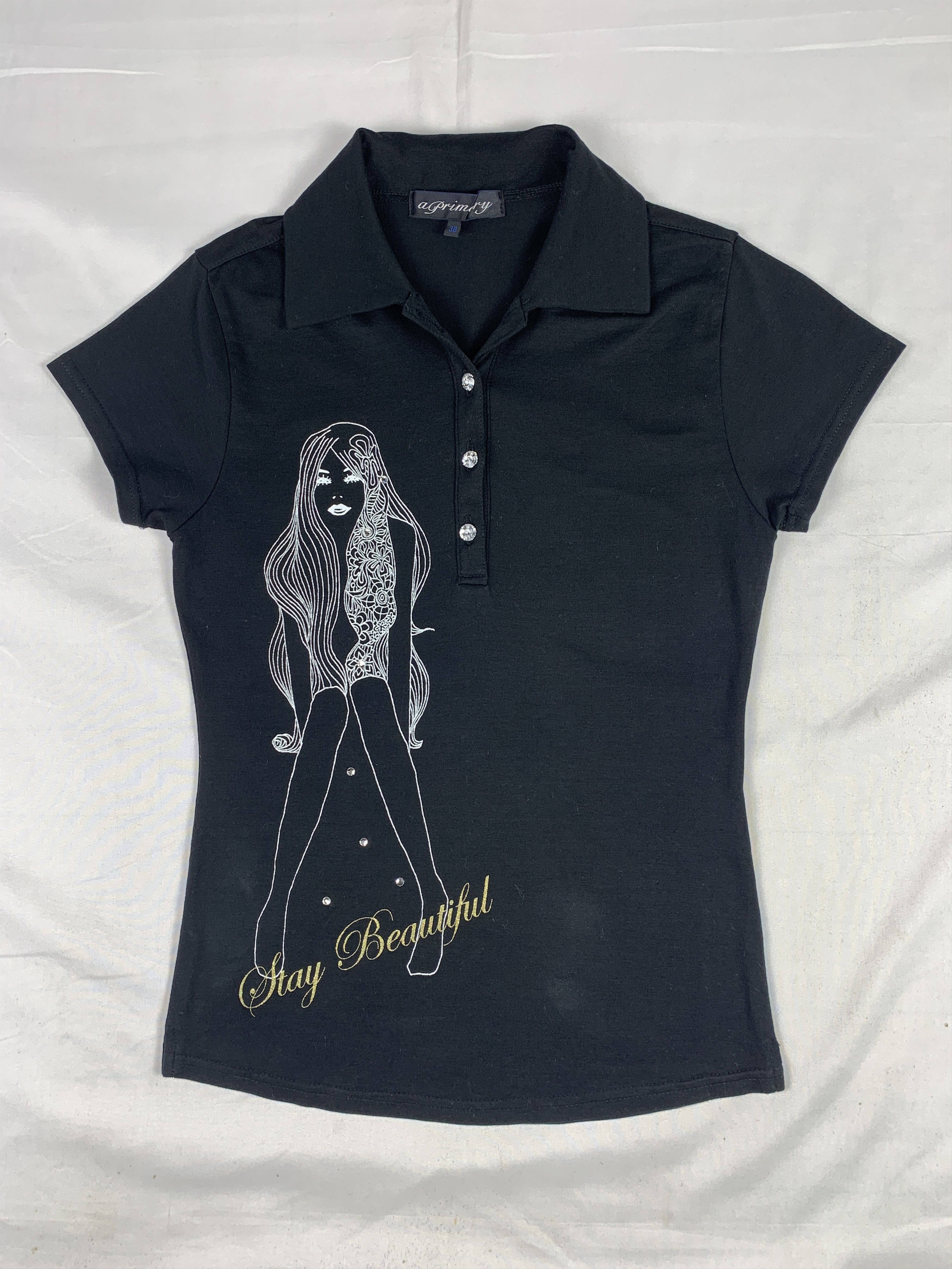 Japanese Brand y2k A Primary Japan Black Girl Printed Fitted Polo (S) Size S / US 4 / IT 40 - 1 Thumbnail