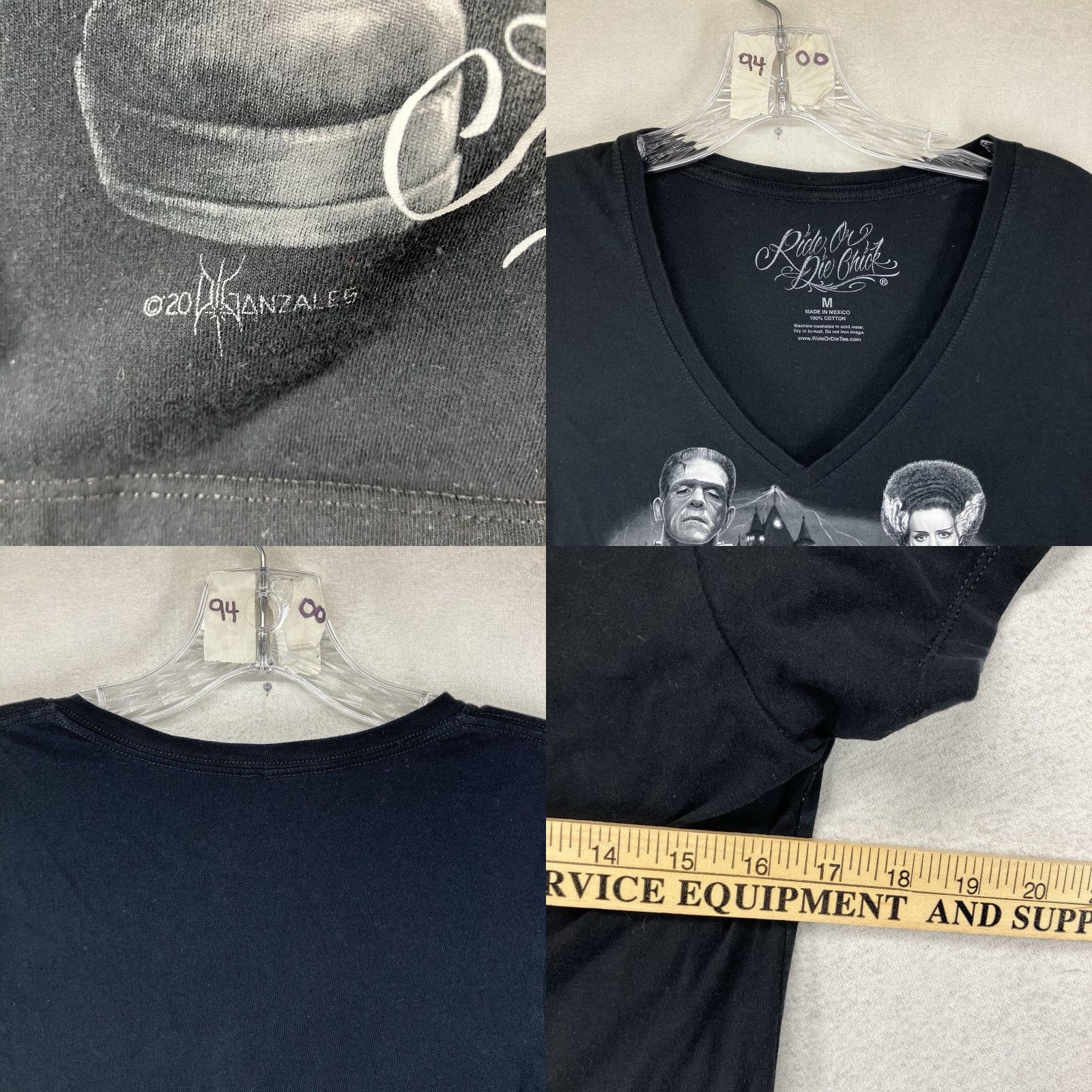 Vintage Ride or Die Chic Women's T-Shirt Biker Frankenstein Graphic V-Neck Short Cap Sleeve Medium Black Cotton Vintage No Size M / US 6-8 / IT 42-44 - 8 Thumbnail