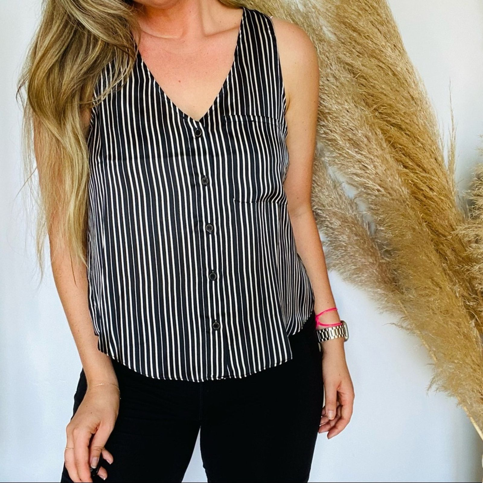 Nordstrom Black White Striped Tulip Open Back Tank Top Silky Blouse Size M / US 6-8 / IT 42-44 - 1 Thumbnail