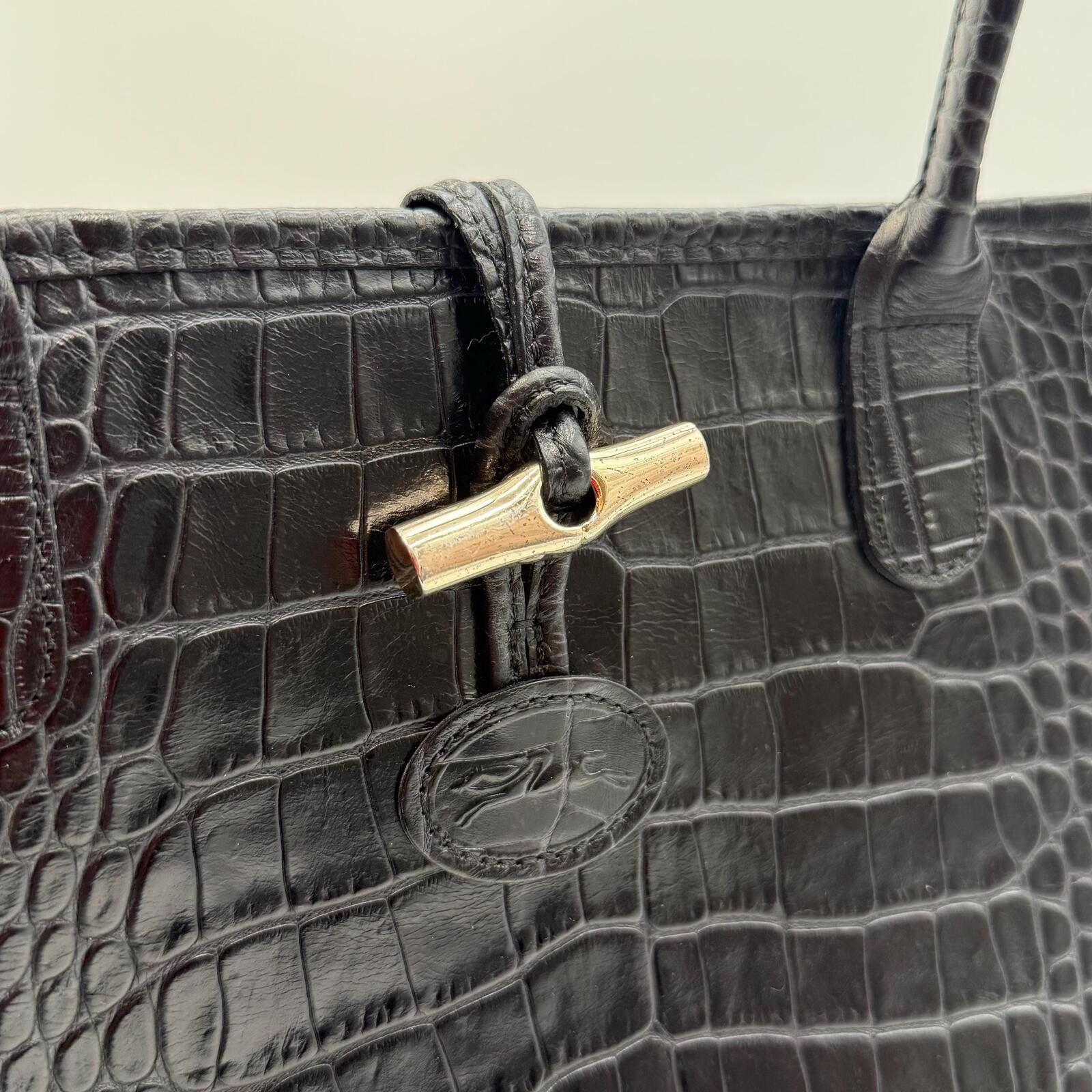 Longchamp Longchamp Black Crocodile Embossed Roseau Tote Size ONE SIZE - 6 Thumbnail
