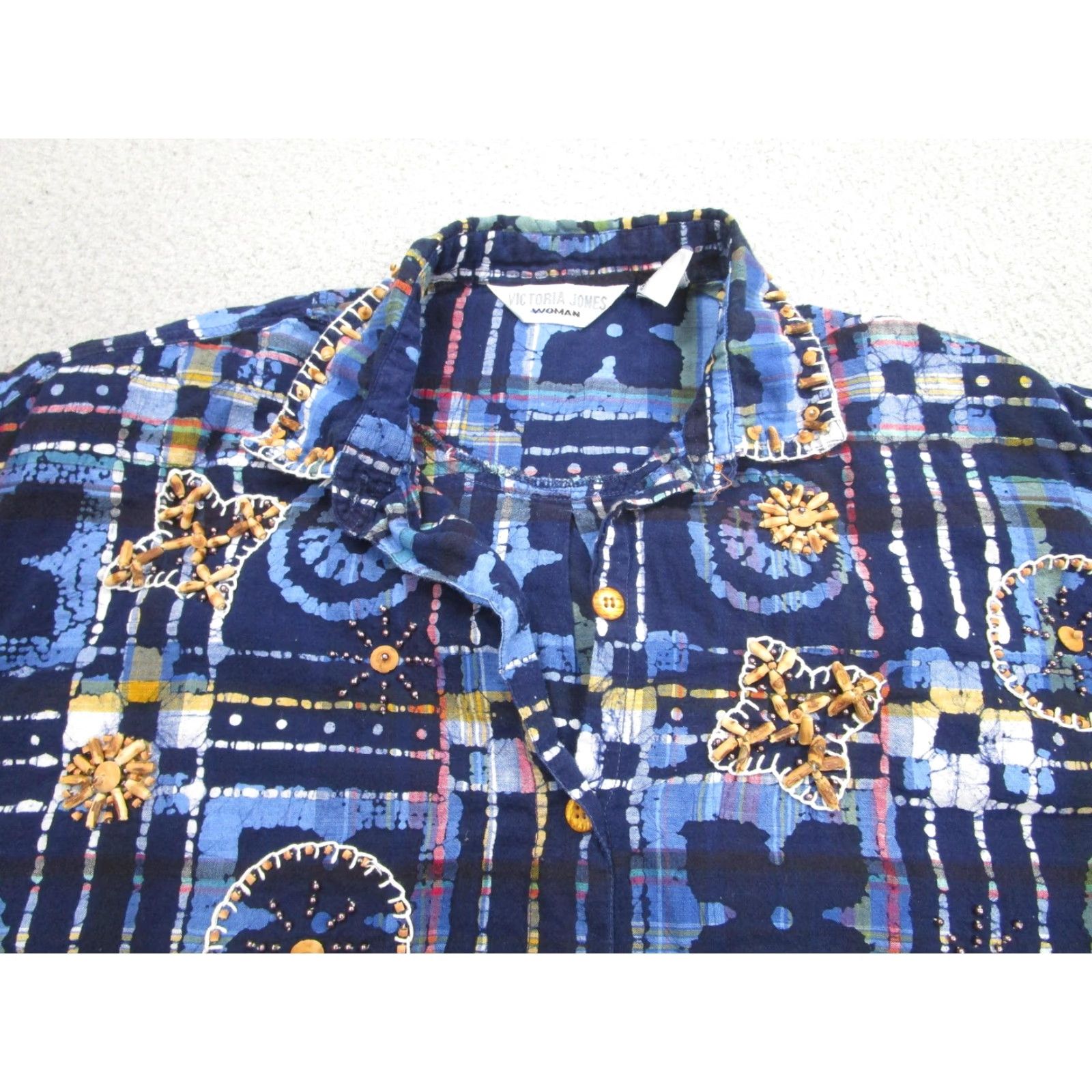 Vintage Victoria Jones Shirt Womens 18W Blue Beaded Embroidered Geometric Boho Festive Size XXL / US 16-18 / IT 52-54 - 3 Thumbnail
