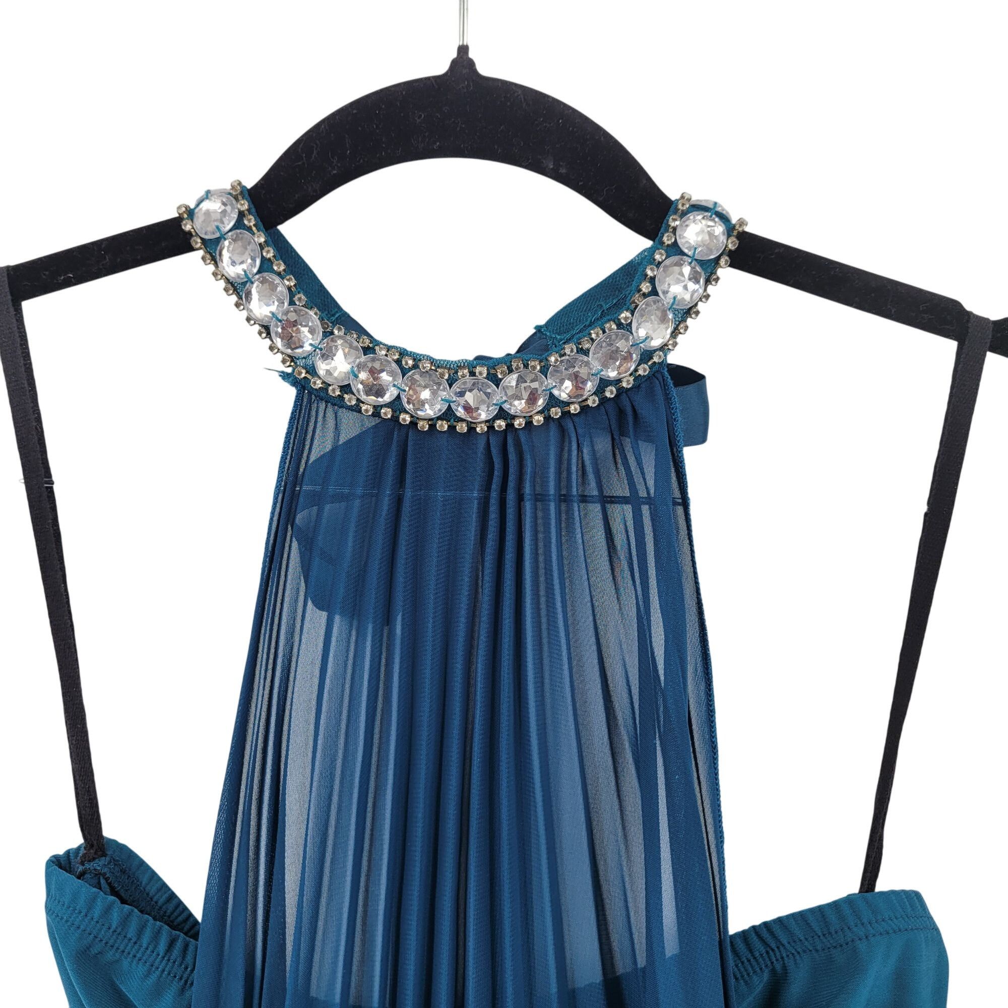 Vintage Vtg Sexy Shear Mini Party Dress Sz M Teal Jeweled Pleated Ha Size M / US 6-8 / IT 42-44 - 4 Thumbnail