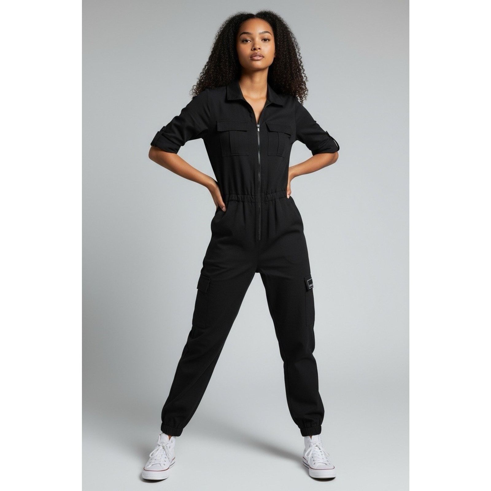 DKNY DKNY Black Utility Cargo Jumpsuit Womans L Tab Sleeve Travel Size 29" - 1 Thumbnail