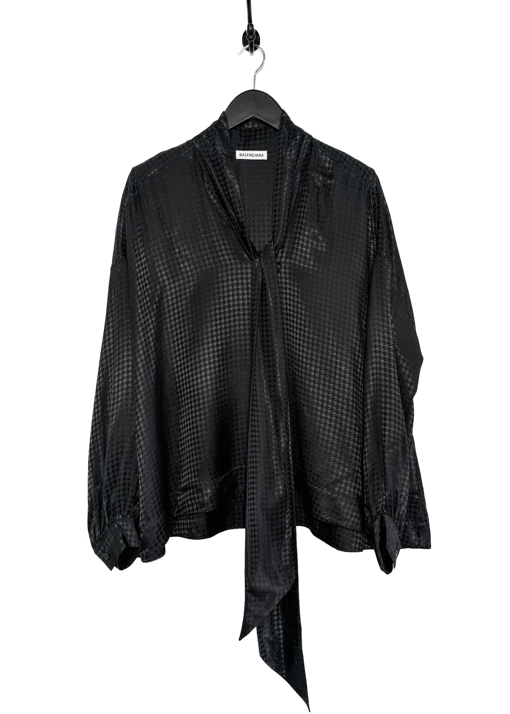 Balenciaga Balenciaga 2020 Black Satin Houndstooth Tie Neck Bow Blouse Size S / US 4 / IT 40 - 1 Thumbnail