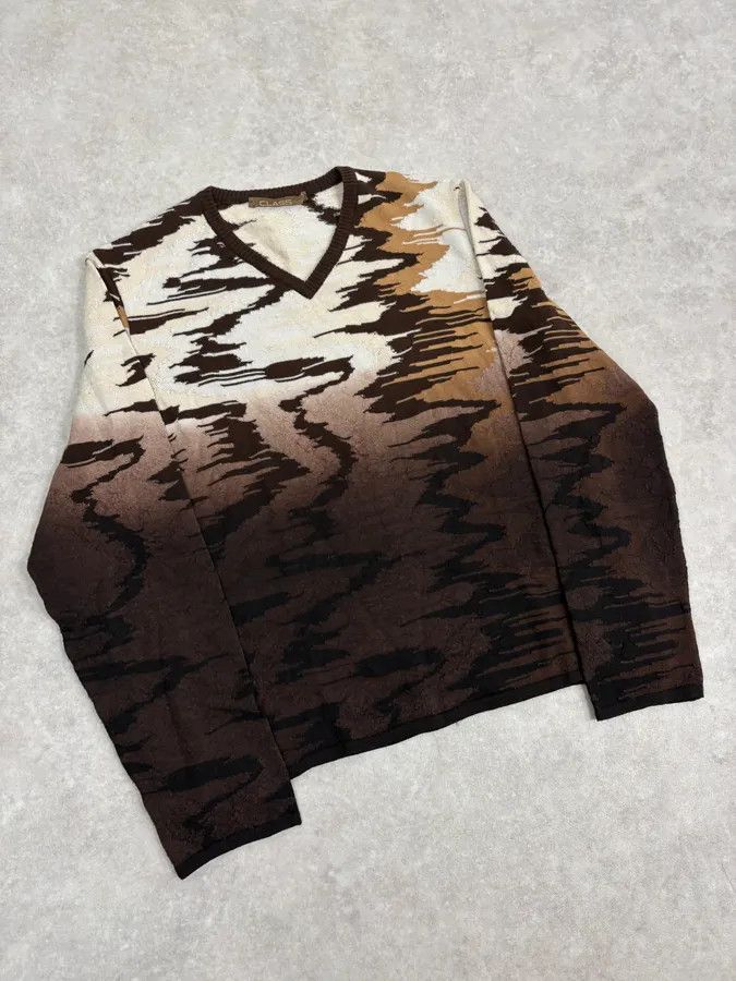 Roberto Cavalli 2000s Roberto Cavalli Brown Wool V Neck Gradient Wavy Sweater Size M / US 6-8 / IT 42-44 - 4 Thumbnail