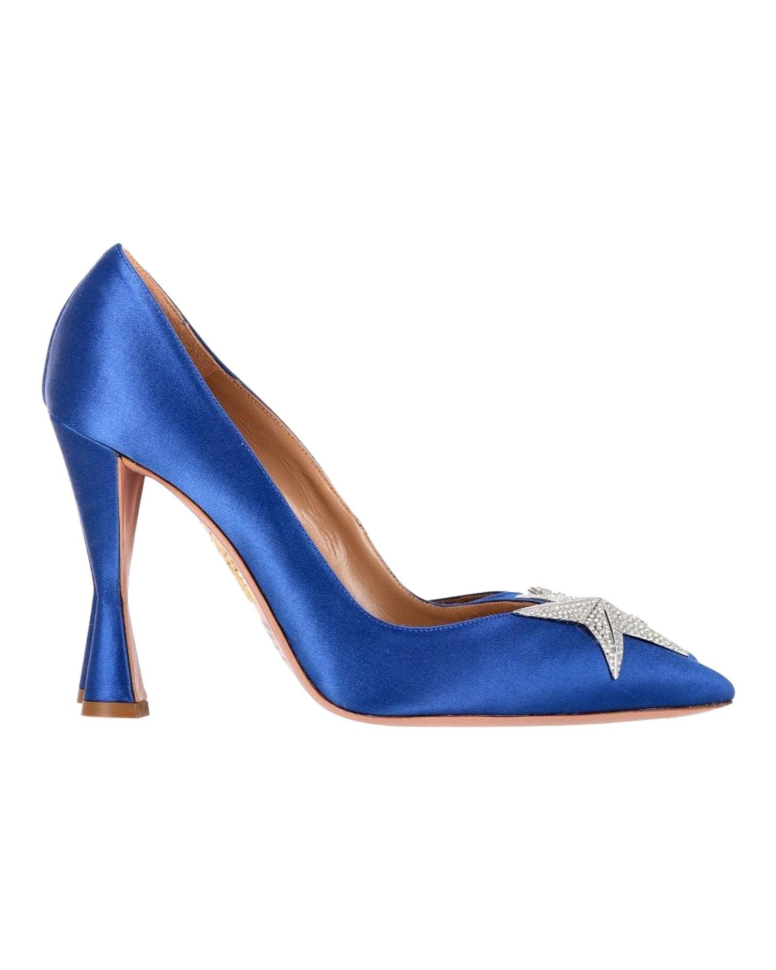 image of Aquazzura Cobalt Blue Satin Flared Heel Shoes Pumps With Silver Charm - Very Good Condition, Women'