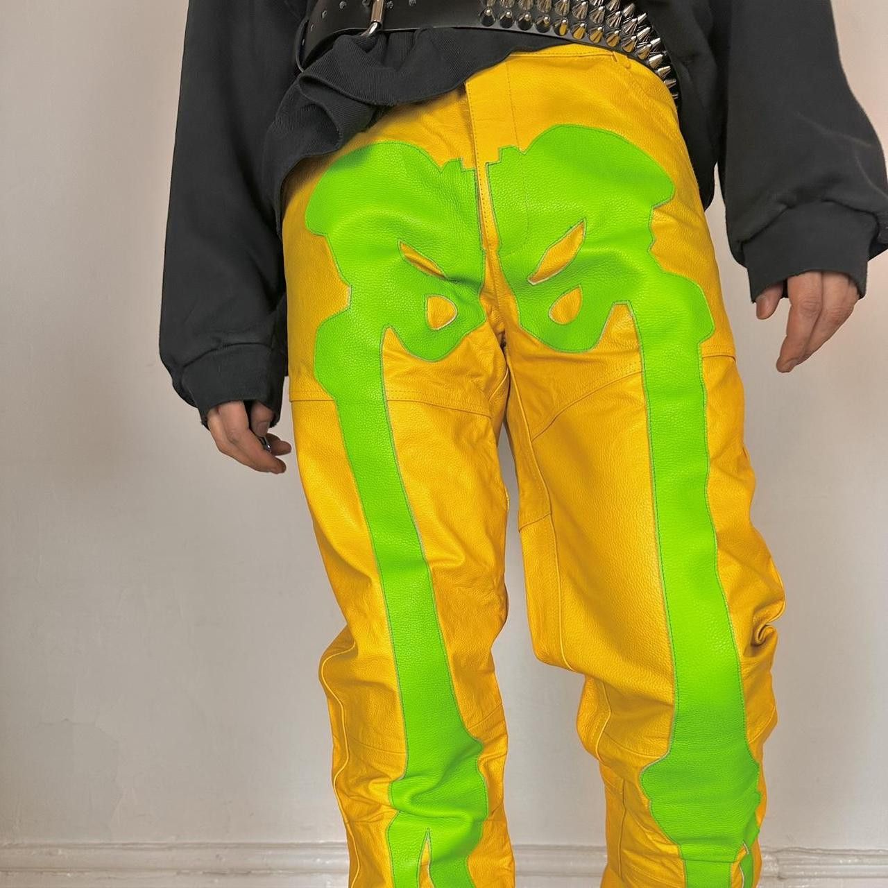 Vintage Seeking Green/Yellow Skeleton Leather Biker Pants - 36x36" Size US 36 / EU 52 - 4 Thumbnail