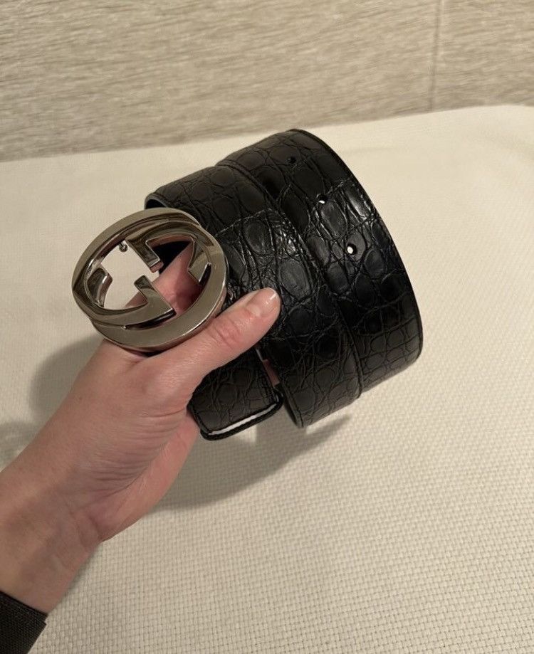 image of Gucci Leather Biker Crocodiles Effect Logo GG Buckle Belt in Black, Men's