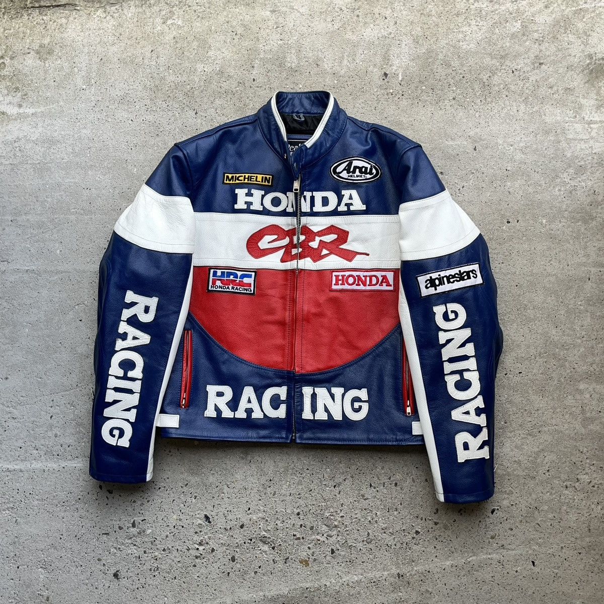 image of Honda Cbr Leather Racing Jacket Motor Vintage Motocycle in Blue, Men's (Size XL)