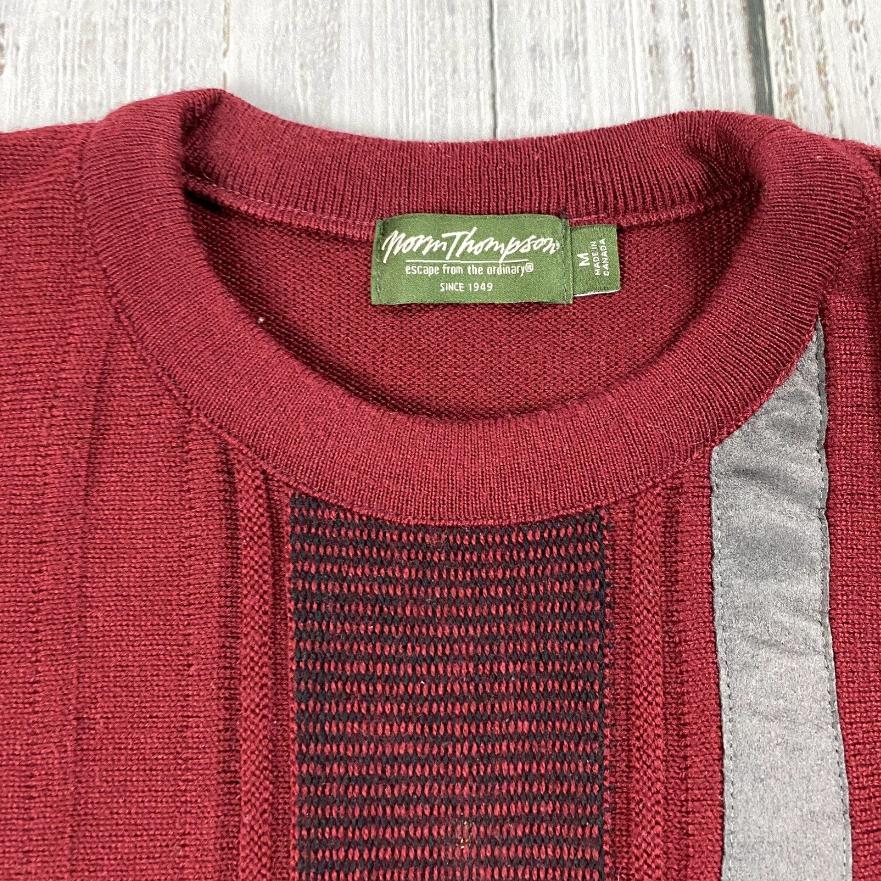 Jim Thompson VINTAGE Norm Thompson Wool Blend Sweater Mens M Crew Neck Red Geometric Retro Cosby Patch Knit Pullover All Seasons 20th Century Style Mens Size US M / EU 48-50 / 2 - 2 Thumbnail