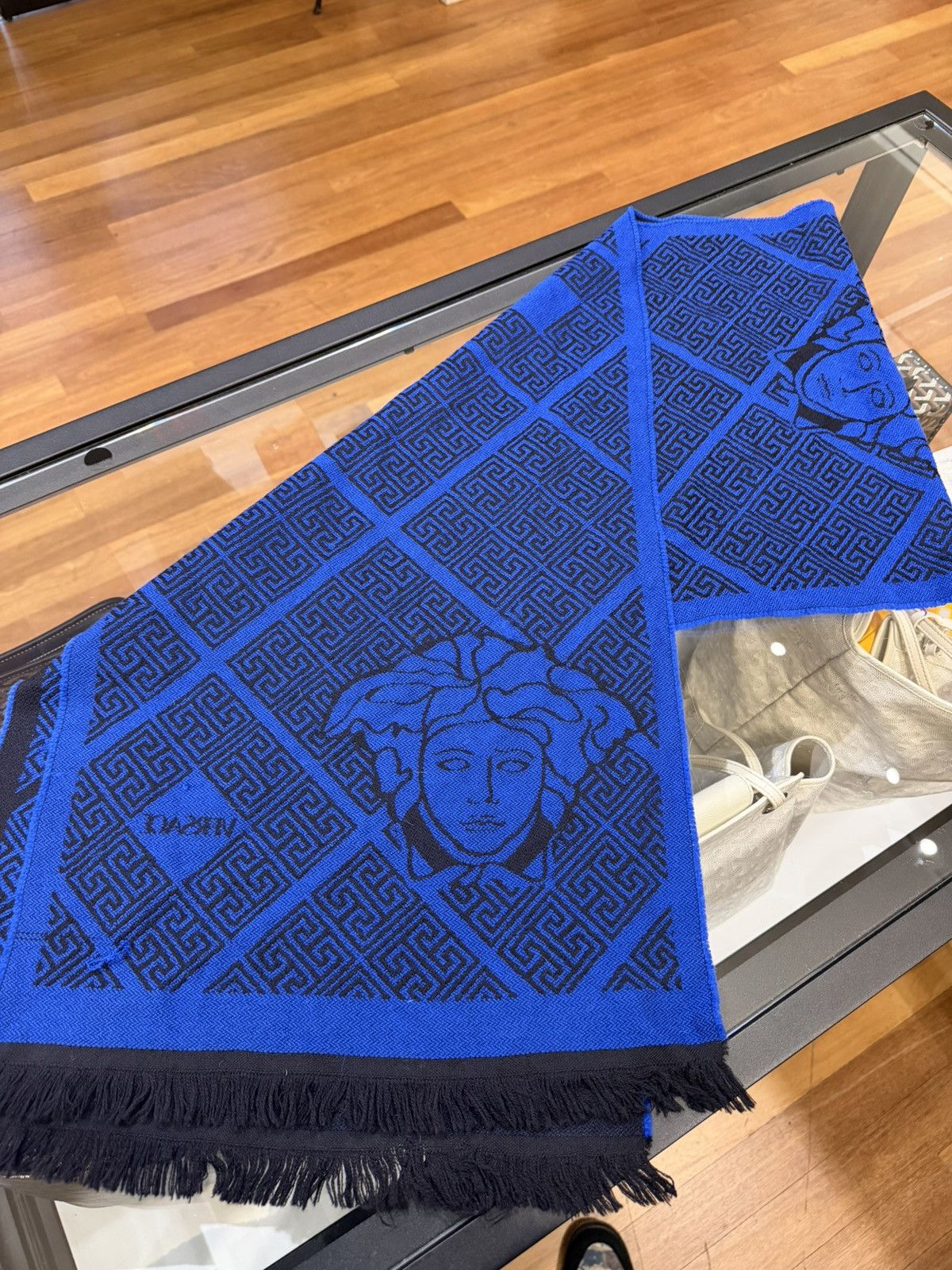 Versace Versace Medusa Greek Key Wool Scarf - Blue Black Size ONE SIZE - 2 Thumbnail
