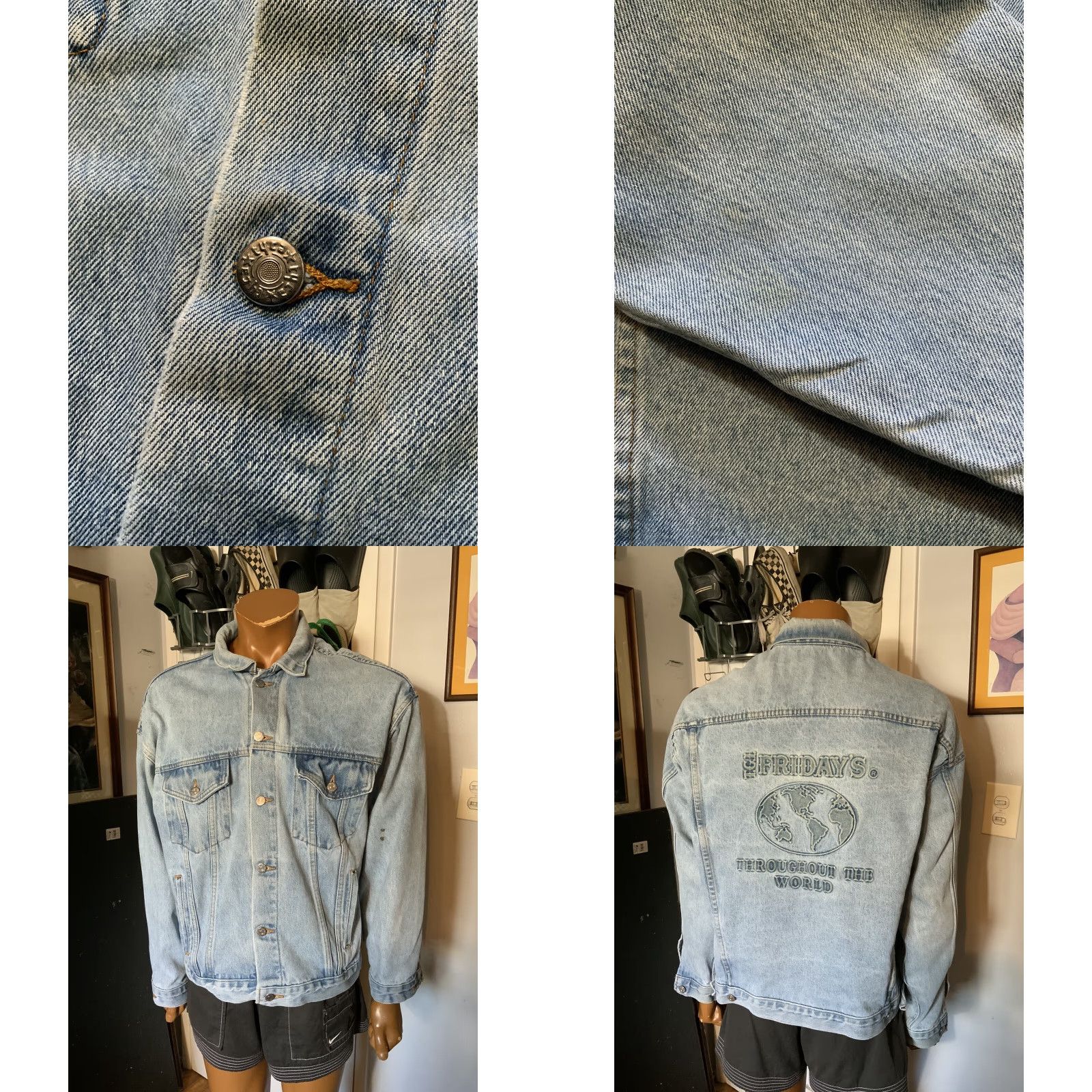 Vintage VINTAGE 80s 90s TGI Friday’s Throughout The World Embossed Denim Jean Jacket Sz. L Men’s? Size US 33 - 8 Thumbnail