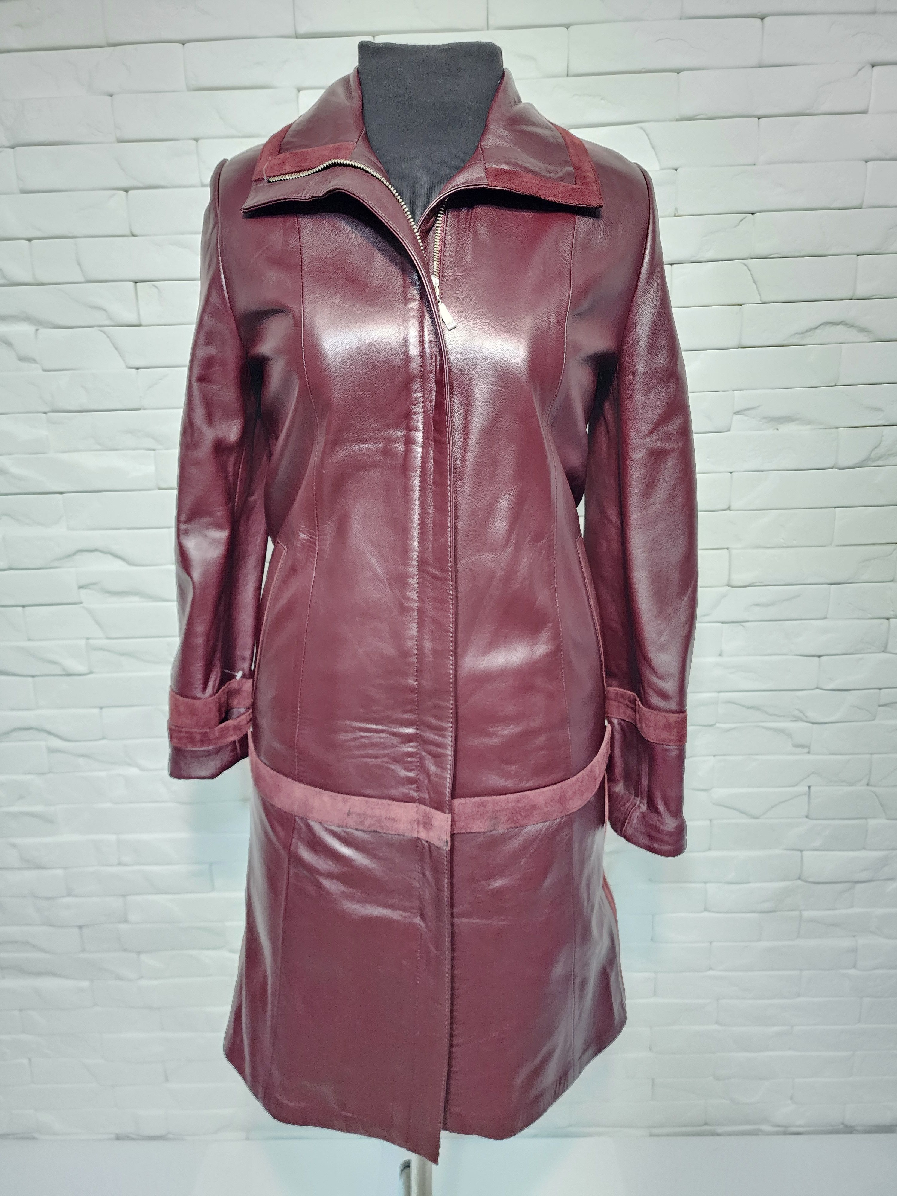 Genuine Leather Burgundy Leather Trench Coat: Women's Long Raincoat Size M / US 6-8 / IT 42-44 - 2 Thumbnail