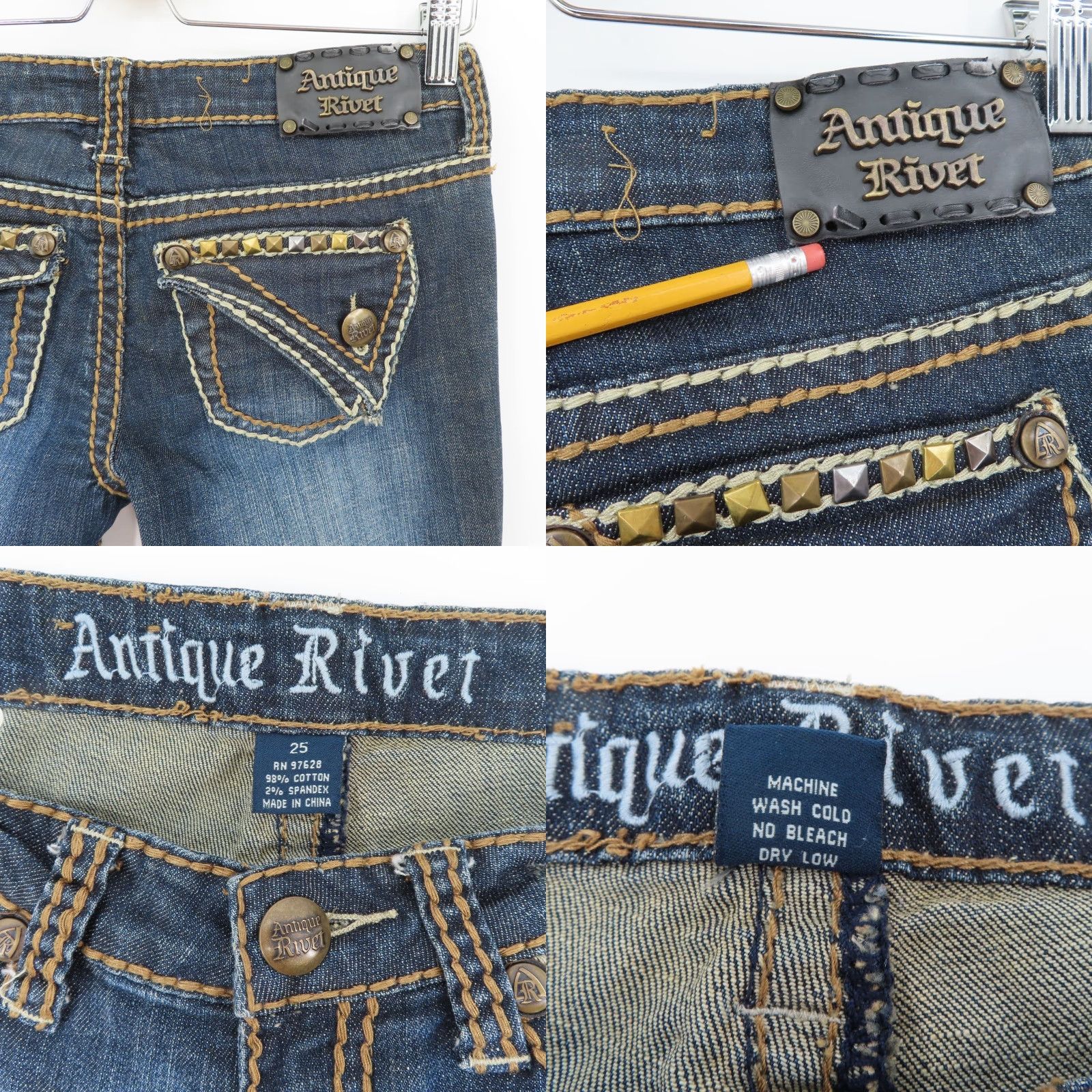 Denime Antique Rivet Jeans Women 25 Denim Distressed Studded 5-Pocket Skinny Cotton Blend Blue Vintage? No (avoid adding) Size 42" / US 20 - 8 Thumbnail